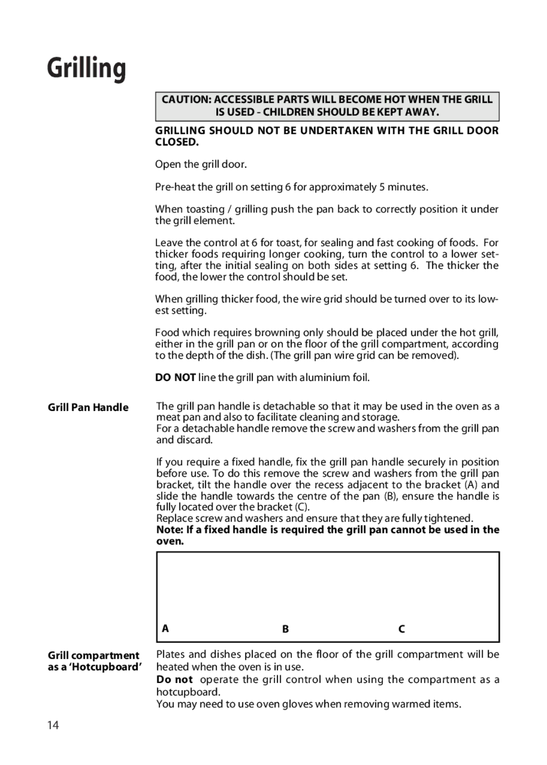 Hotpoint EW22 manual Grilling, Grill Pan Handle, Abc 