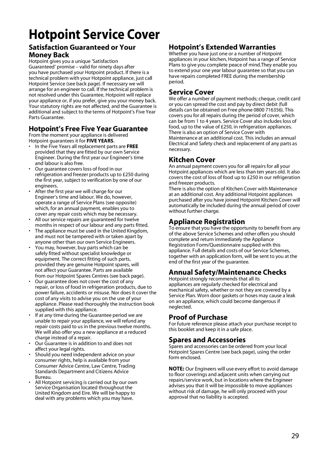 Hotpoint EW22 manual Hotpoint Service Cover 