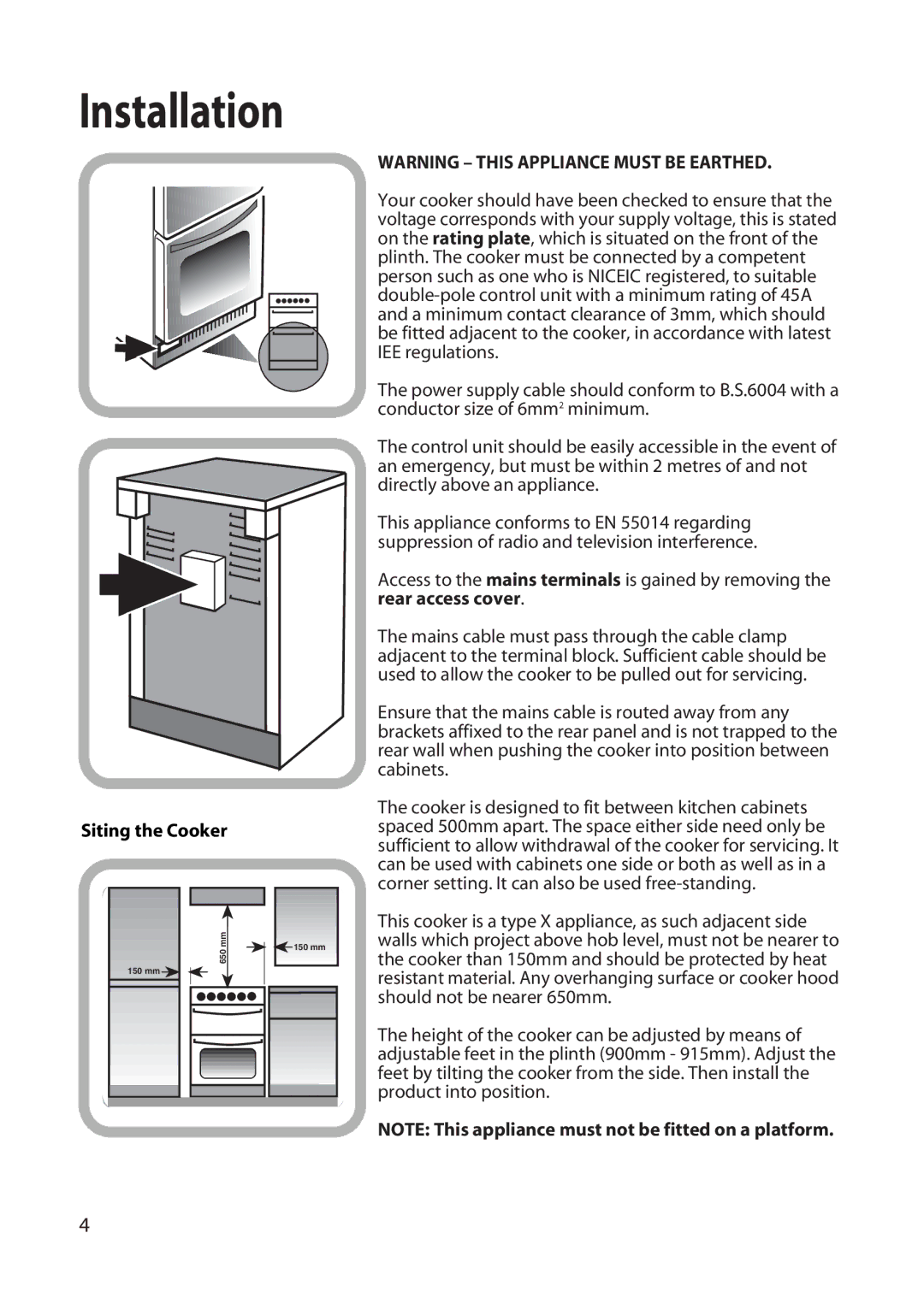 Hotpoint EW22 manual Installation, Siting the Cooker 