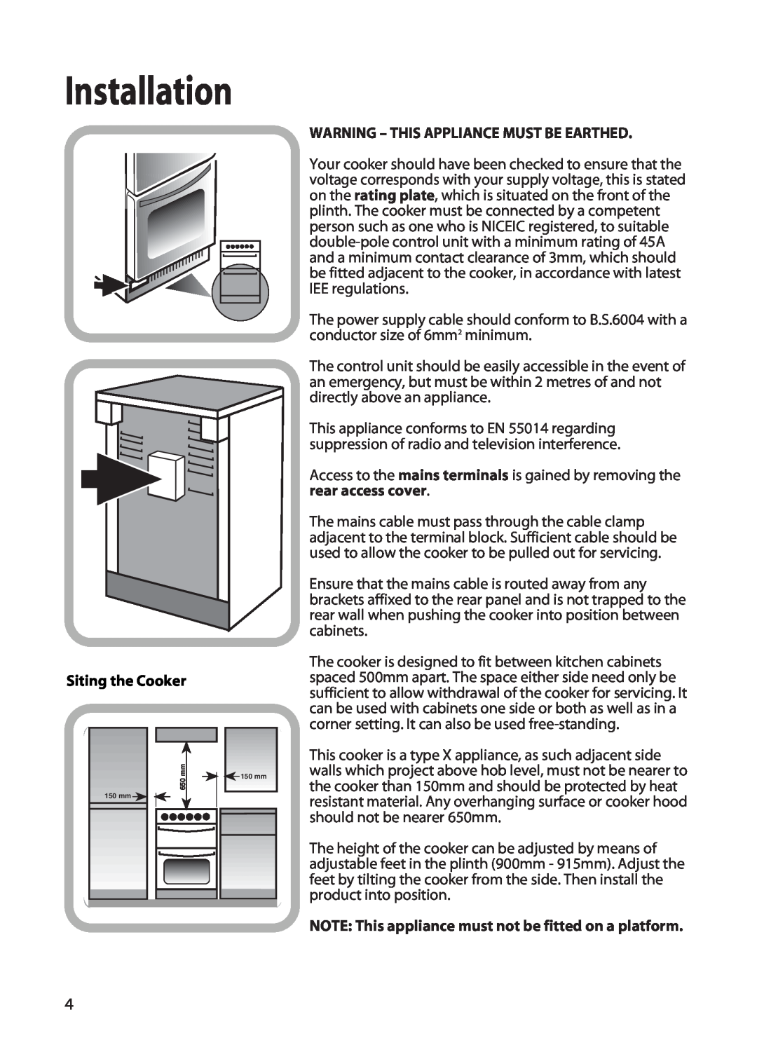 Hotpoint EW22 manual Installation, Warning - This Appliance Must Be Earthed, Siting the Cooker 