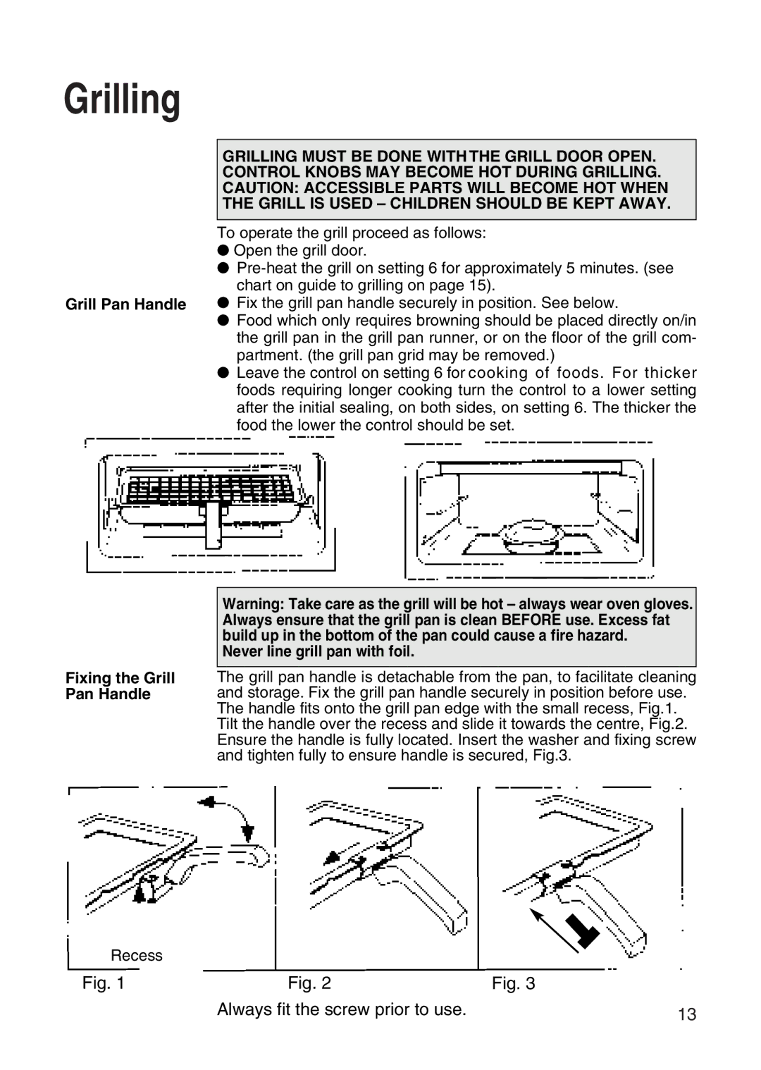 Hotpoint EW31 Grilling, Grill Pan Handle Fixing the Grill Pan Handle, Never line grill pan with foil 