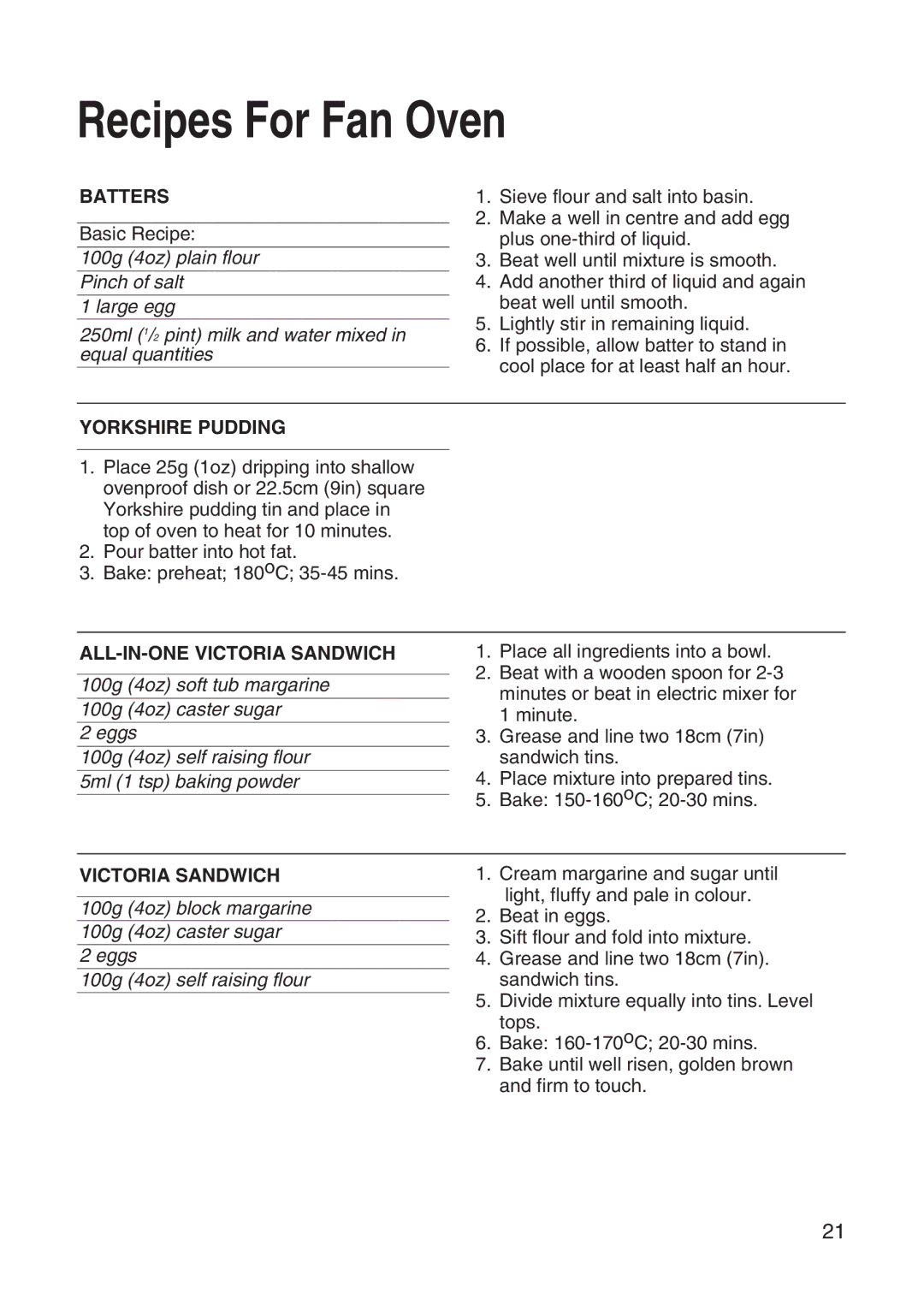 Hotpoint EW31 installation instructions Batters, Yorkshire Pudding, ALL-IN-ONE Victoria Sandwich 