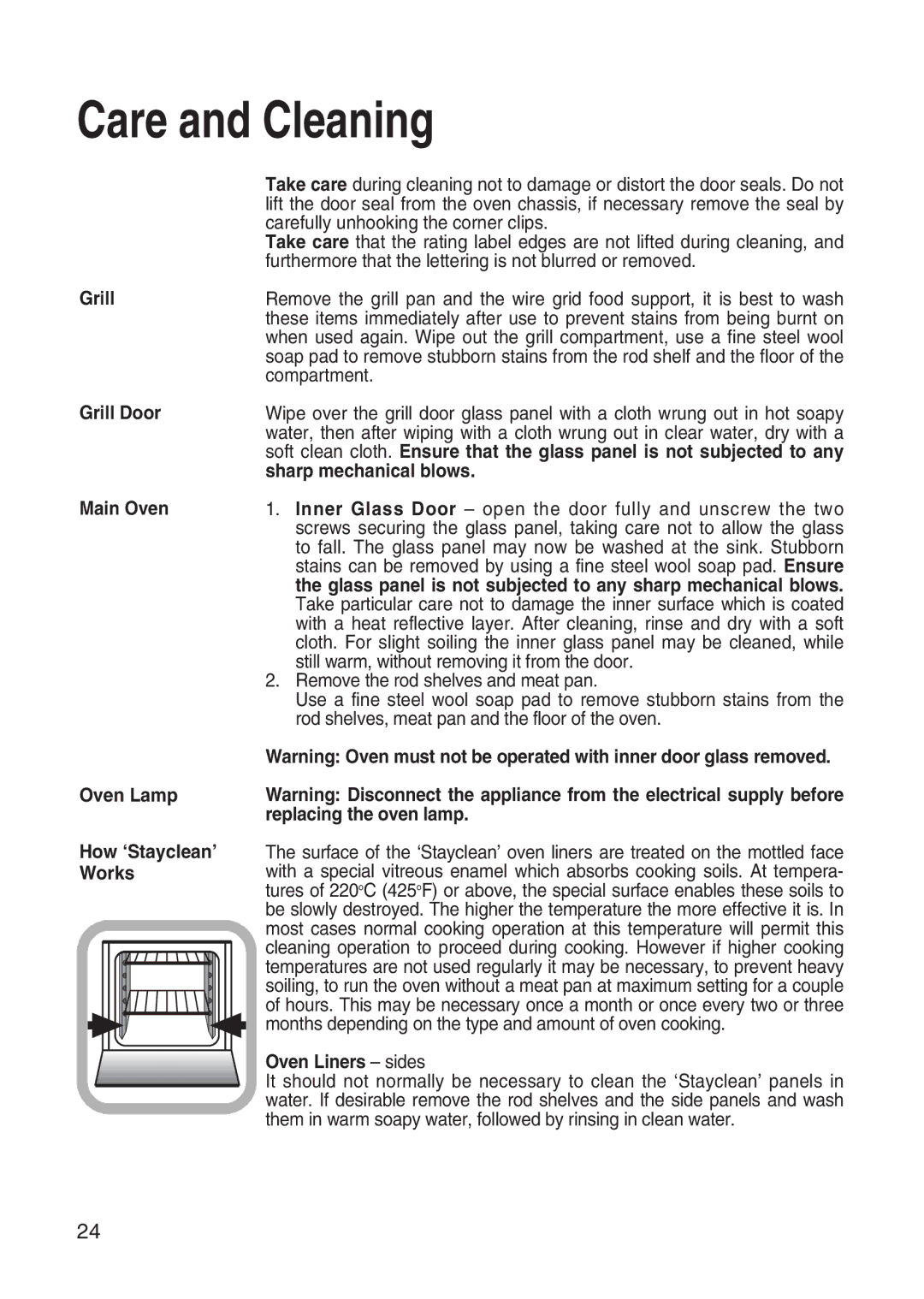 Hotpoint EW31 installation instructions Grill Grill Door Main Oven Oven Lamp How ‘Stayclean’ Works, Oven Liners sides 