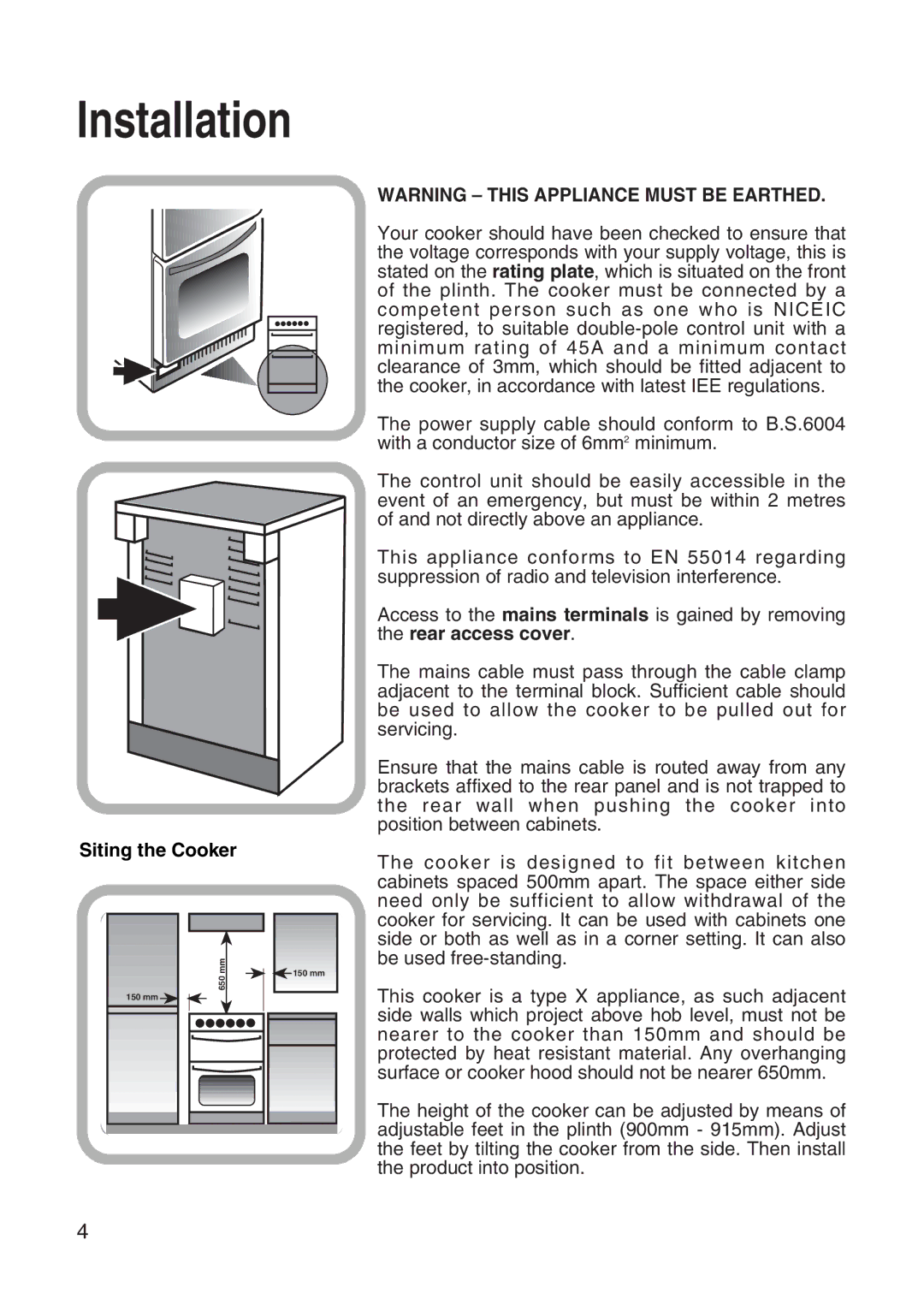 Hotpoint EW31 installation instructions Installation, Siting the Cooker 