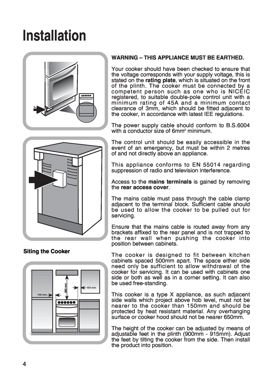 Hotpoint EW31 installation instructions Installation, Siting the Cooker, Warning - This Appliance Must Be Earthed 