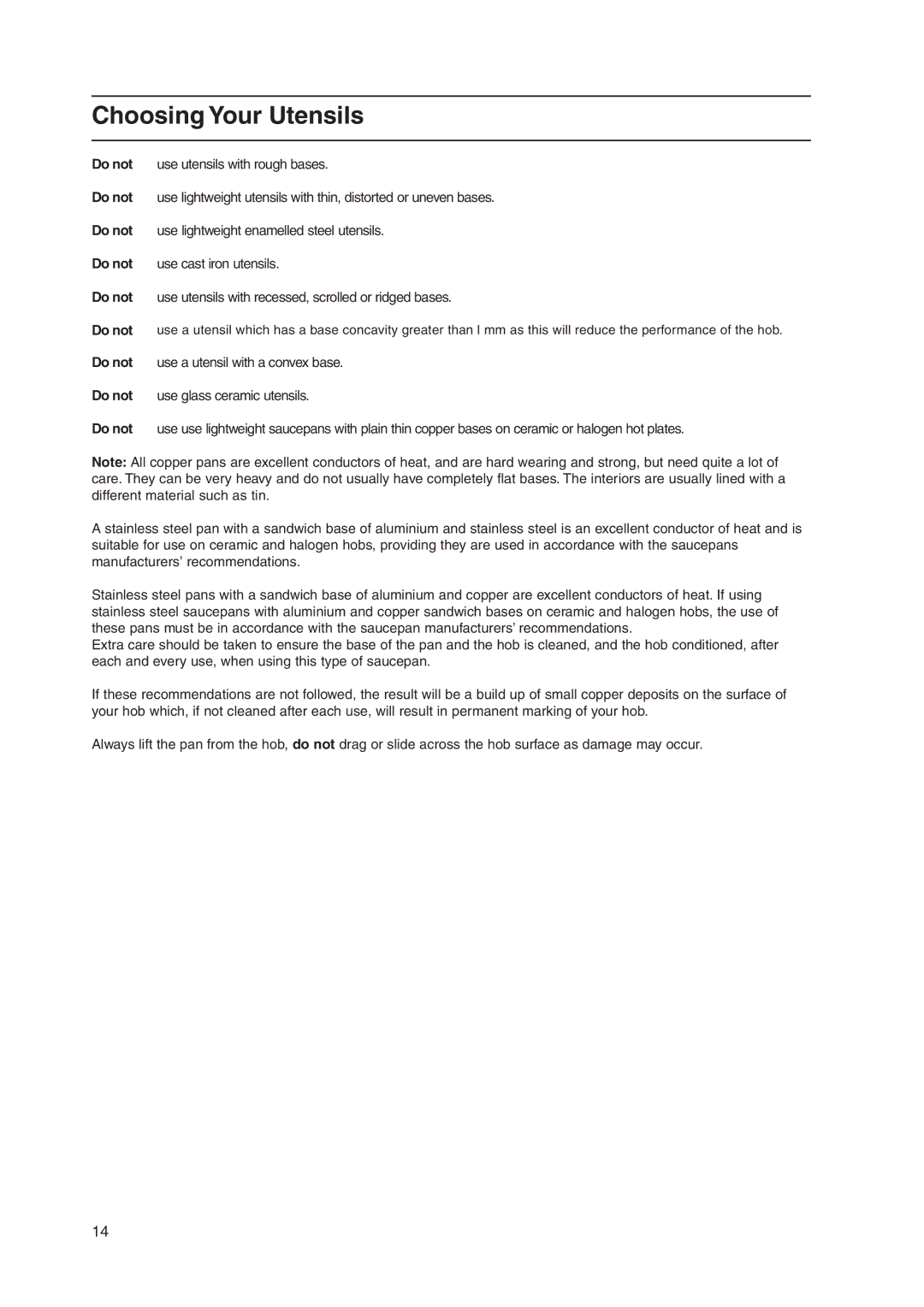 Hotpoint EW36 manual Choosing Your Utensils 