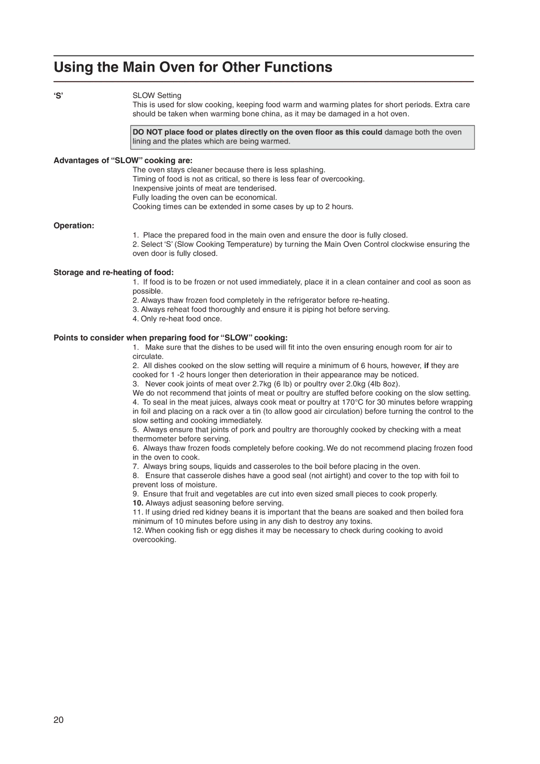 Hotpoint EW36 manual Using the Main Oven for Other Functions 