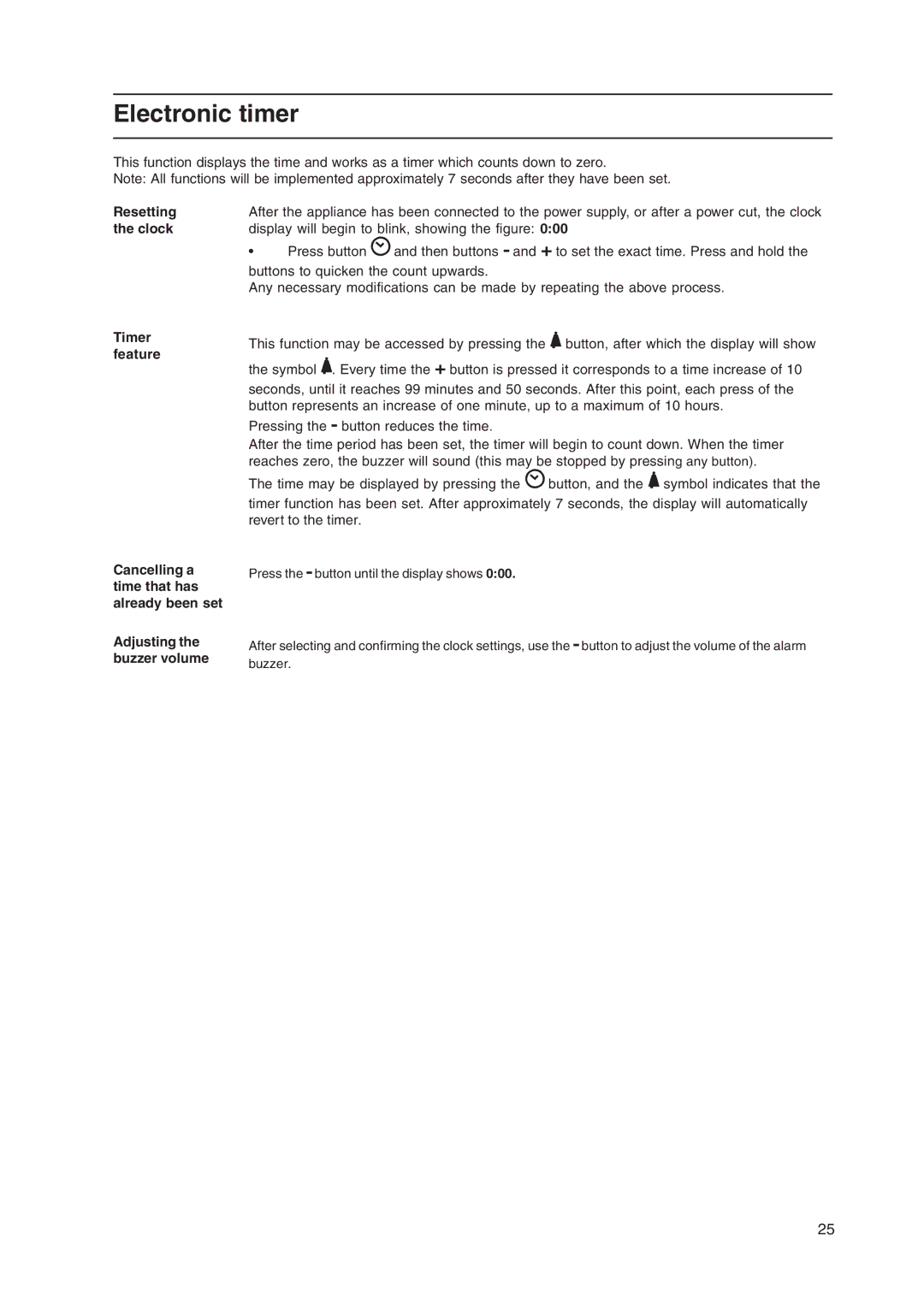 Hotpoint EW36 manual Electronic timer 