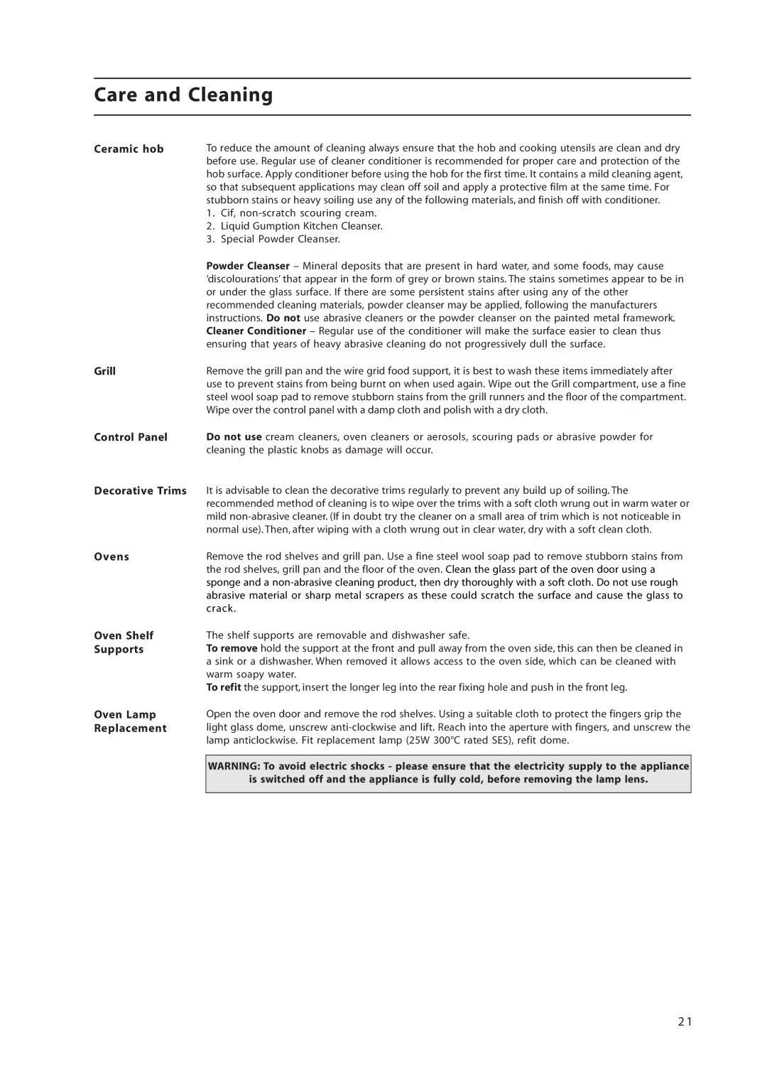 Hotpoint EW36G manual Care and Cleaning 