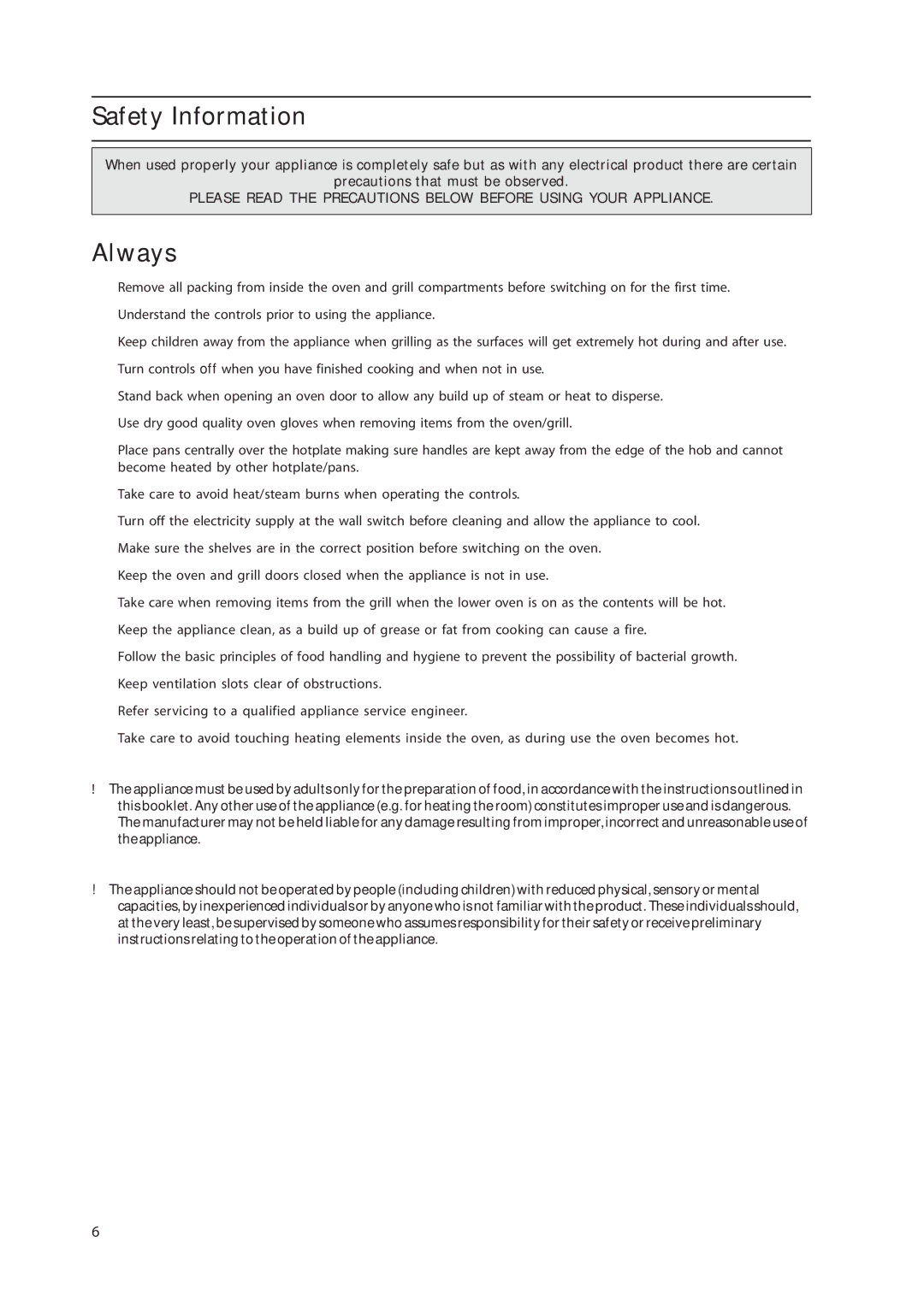 Hotpoint EW36G manual Safety Information, Always 