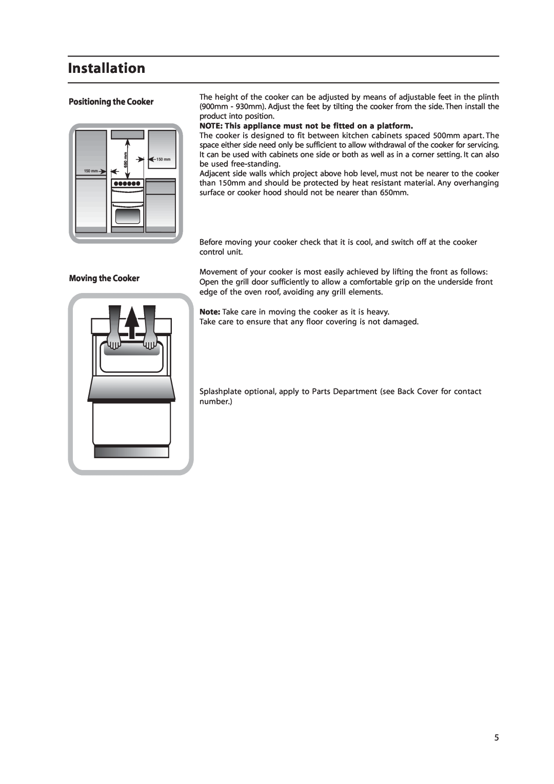 Hotpoint EW36G manual Installation, Positioning the Cooker, Moving the Cooker 