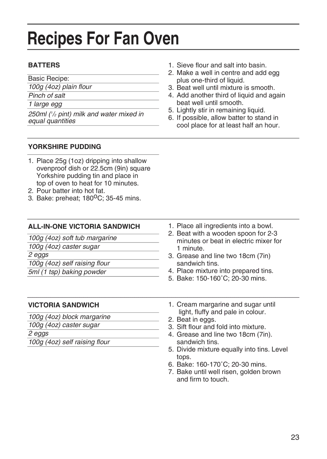 Hotpoint EW41 manual Batters, Yorkshire Pudding, ALL-IN-ONE Victoria Sandwich 