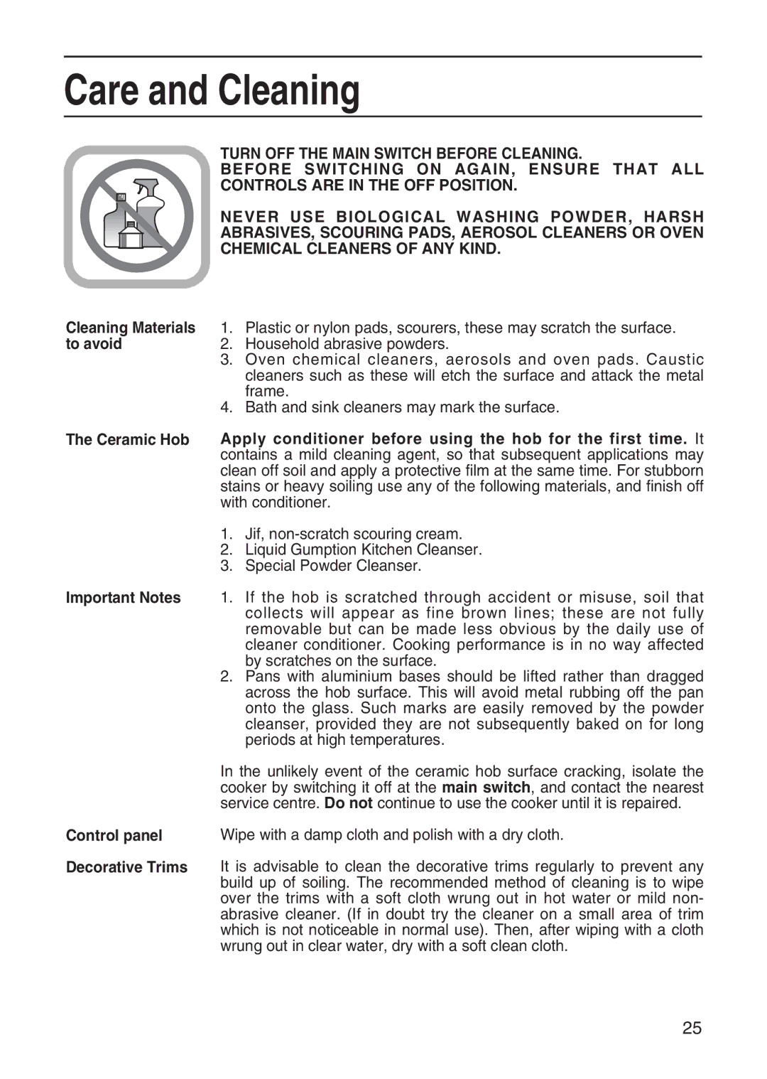 Hotpoint EW41 manual Care and Cleaning, Cleaning Materials, To avoid, Control panel, Decorative Trims 