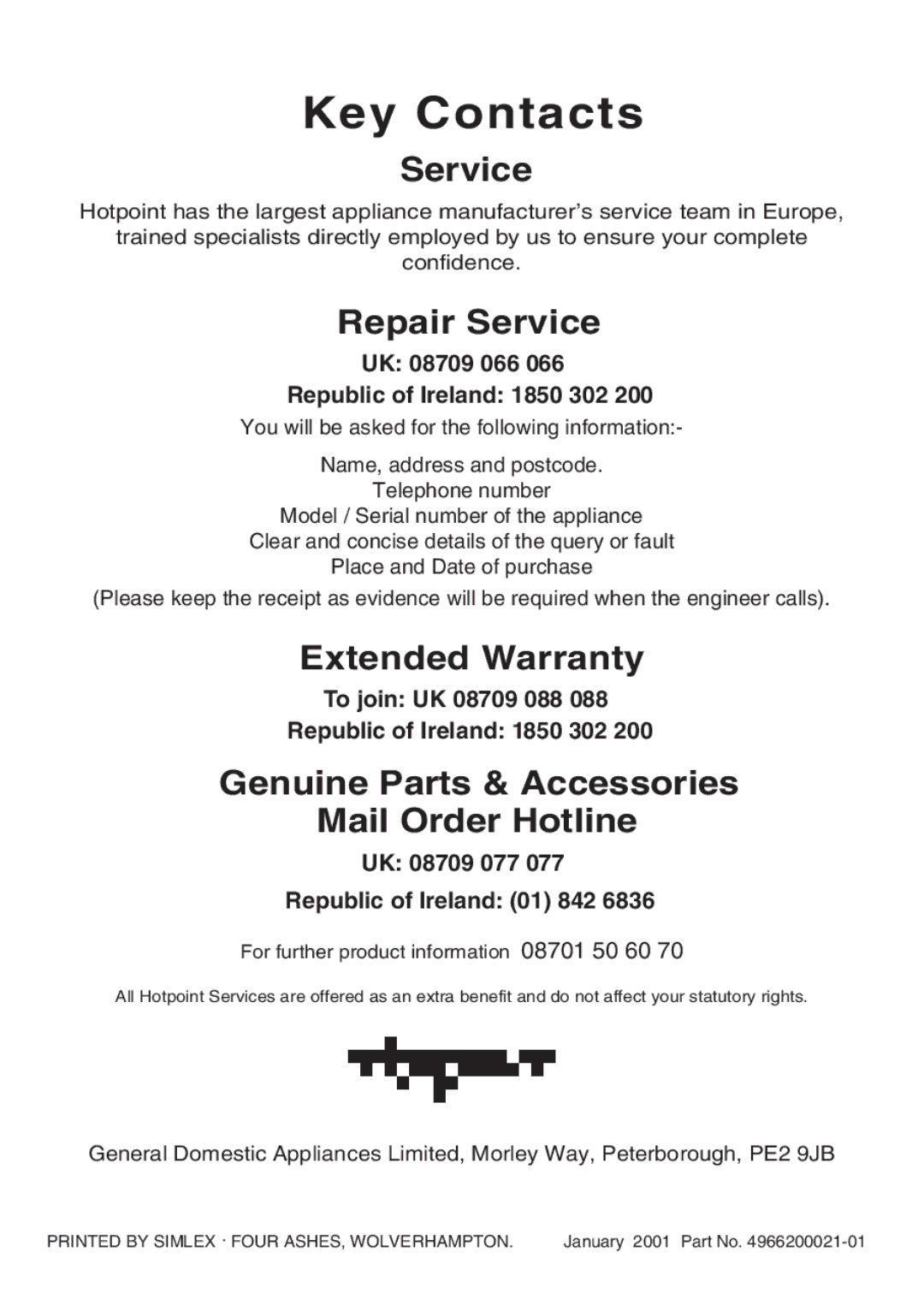 Hotpoint EW41 manual Key Contacts 