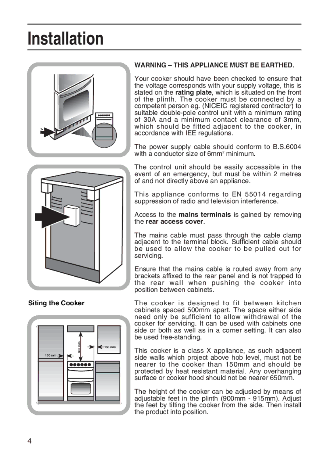 Hotpoint EW41 manual Installation, Siting the Cooker 