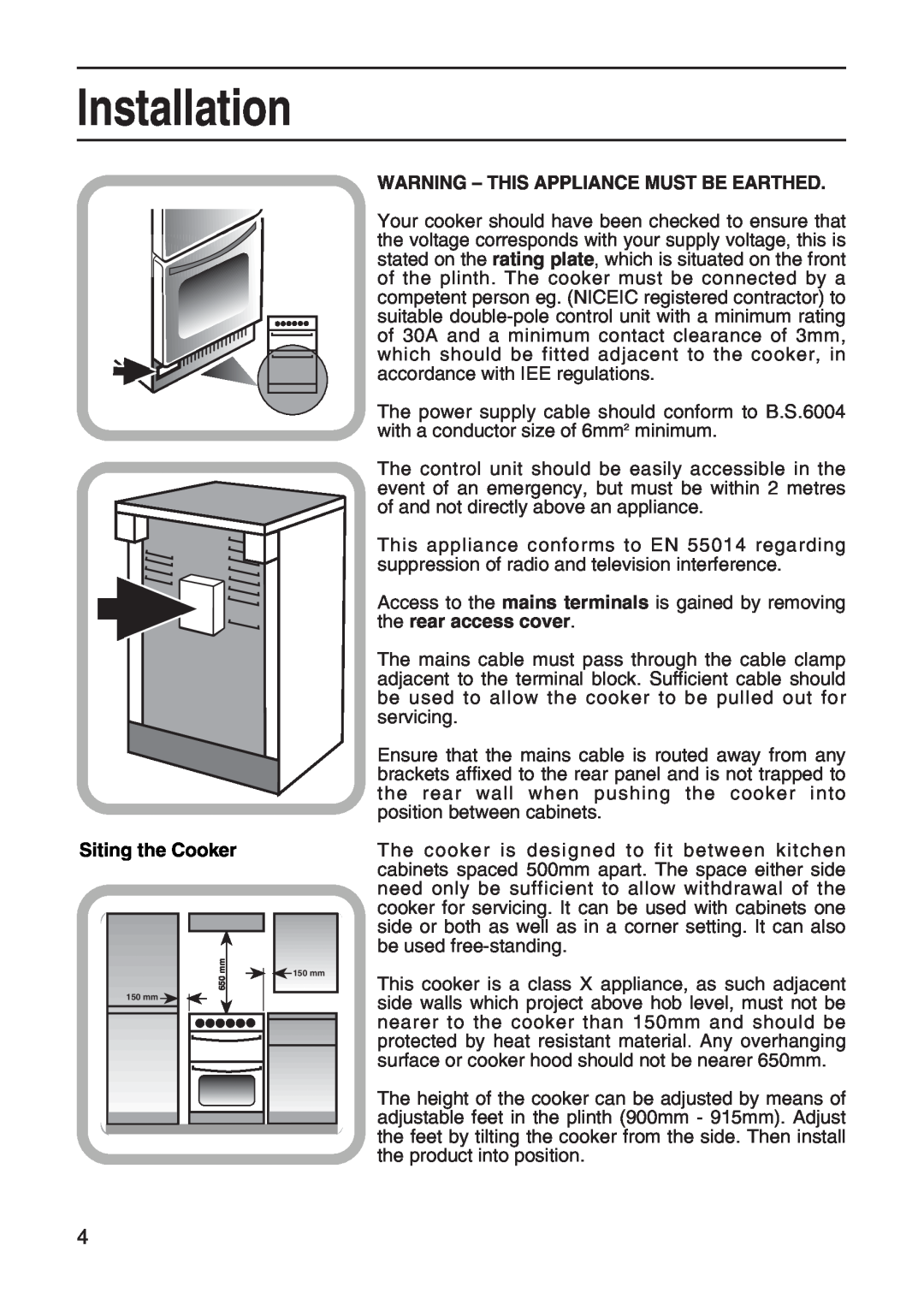 Hotpoint EW41 manual Installation, Siting the Cooker, Warning - This Appliance Must Be Earthed 