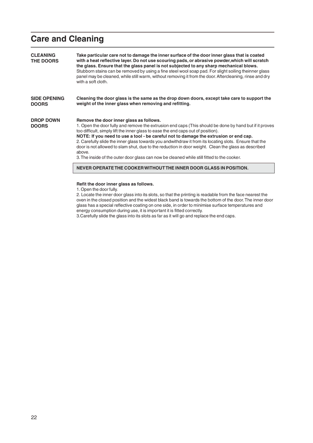 Hotpoint EW48X, EW48G, EW48P, EW48K manual Cleaning the Doors 