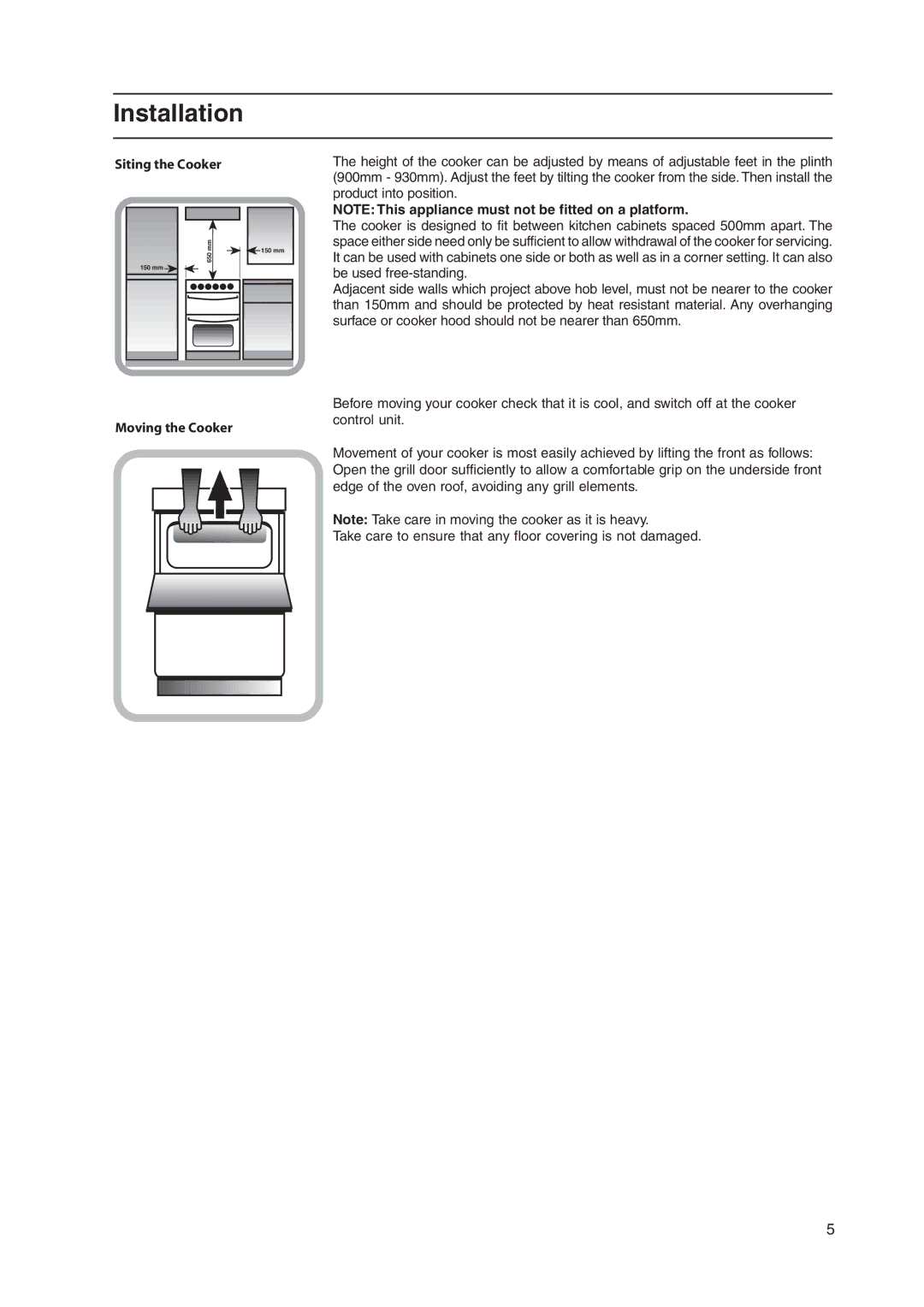 Hotpoint EW48P, EW48G, EW48X, EW48K manual Siting the Cooker 