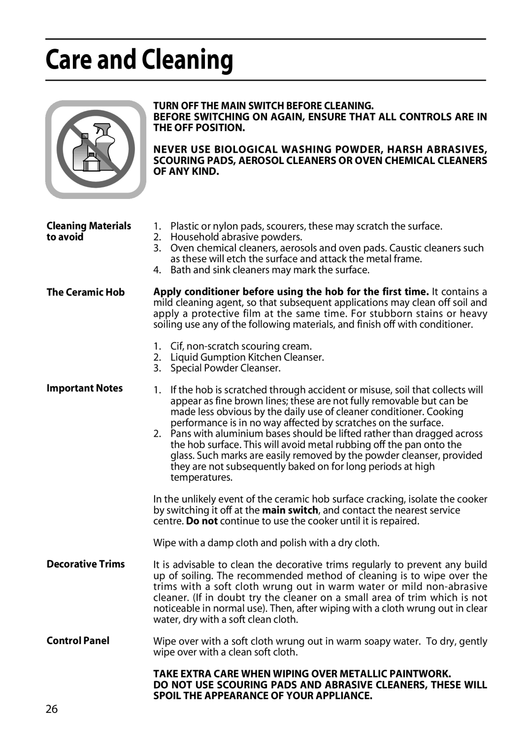 Hotpoint EW51 manual Care and Cleaning, Ceramic Hob Important Notes Decorative Trims Control Panel 