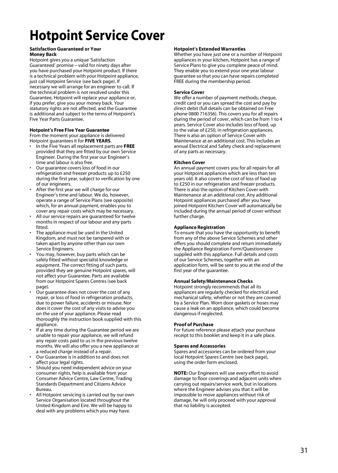 Hotpoint EW51 manual Hotpoint Service Cover 