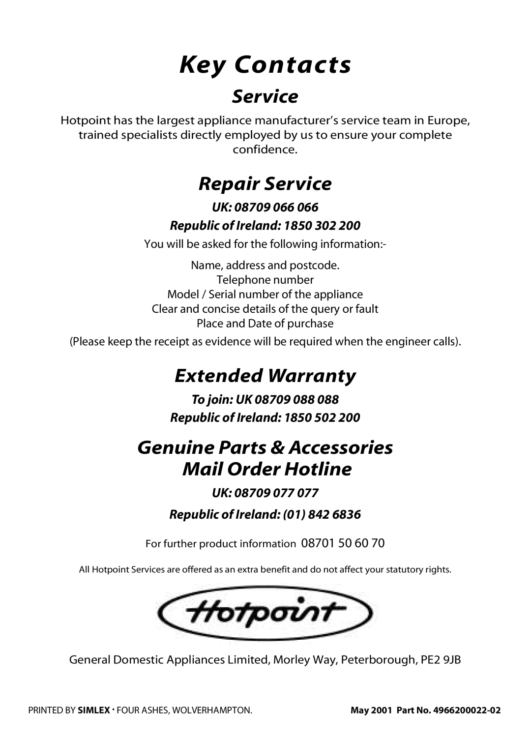 Hotpoint EW51 manual Key Contacts 