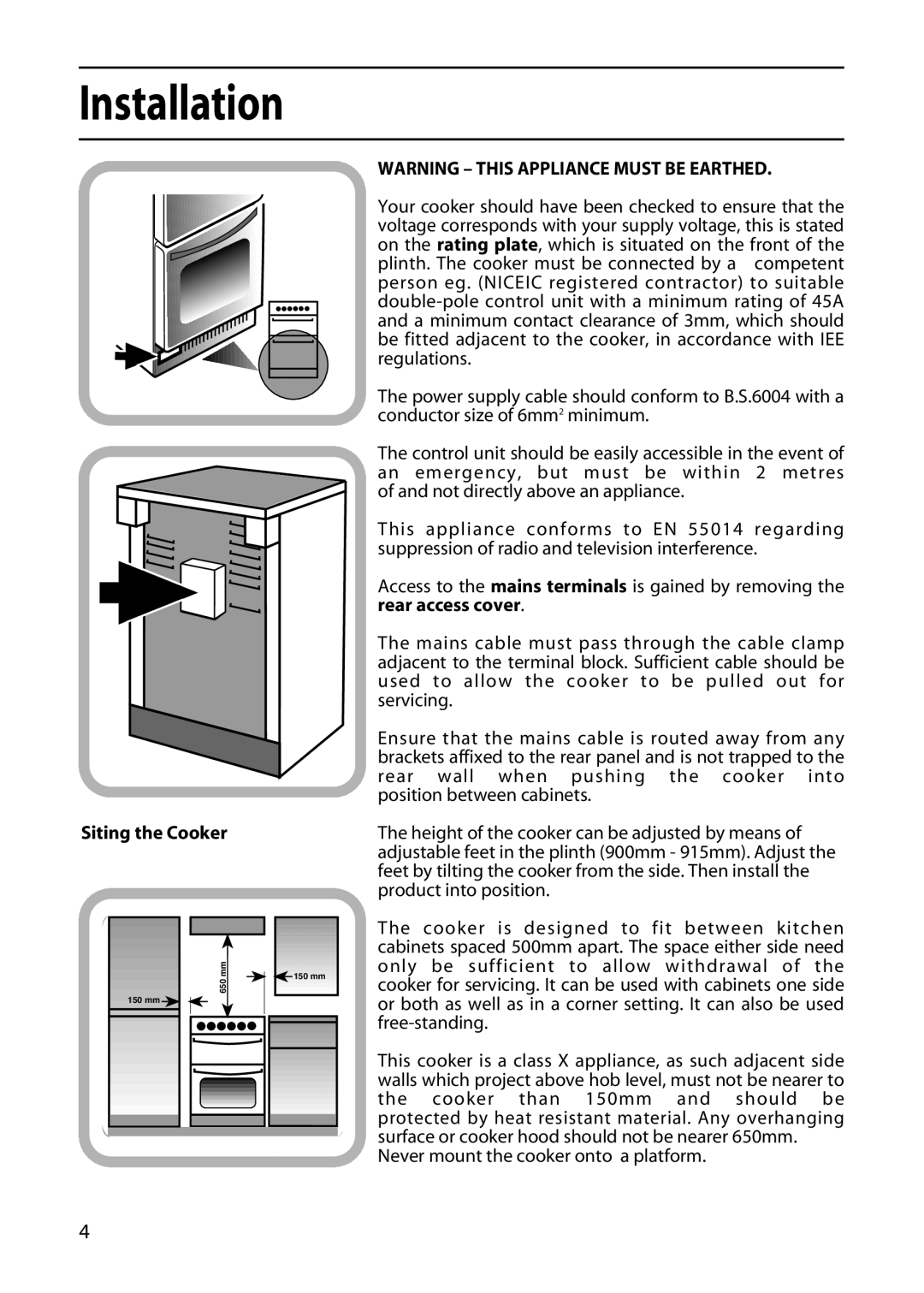 Hotpoint EW51 manual Installation, Siting the Cooker 