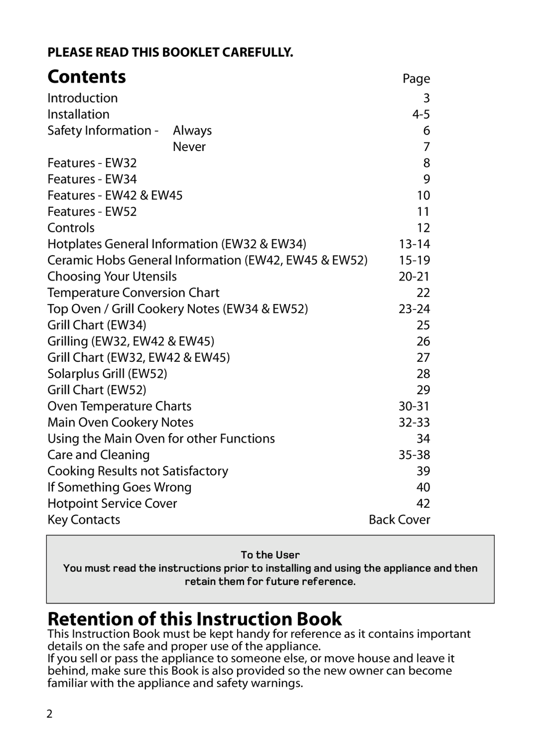 Hotpoint EW32, EW52, EW42, EW34, EW45 manual Contents, Retention of this Instruction Book 