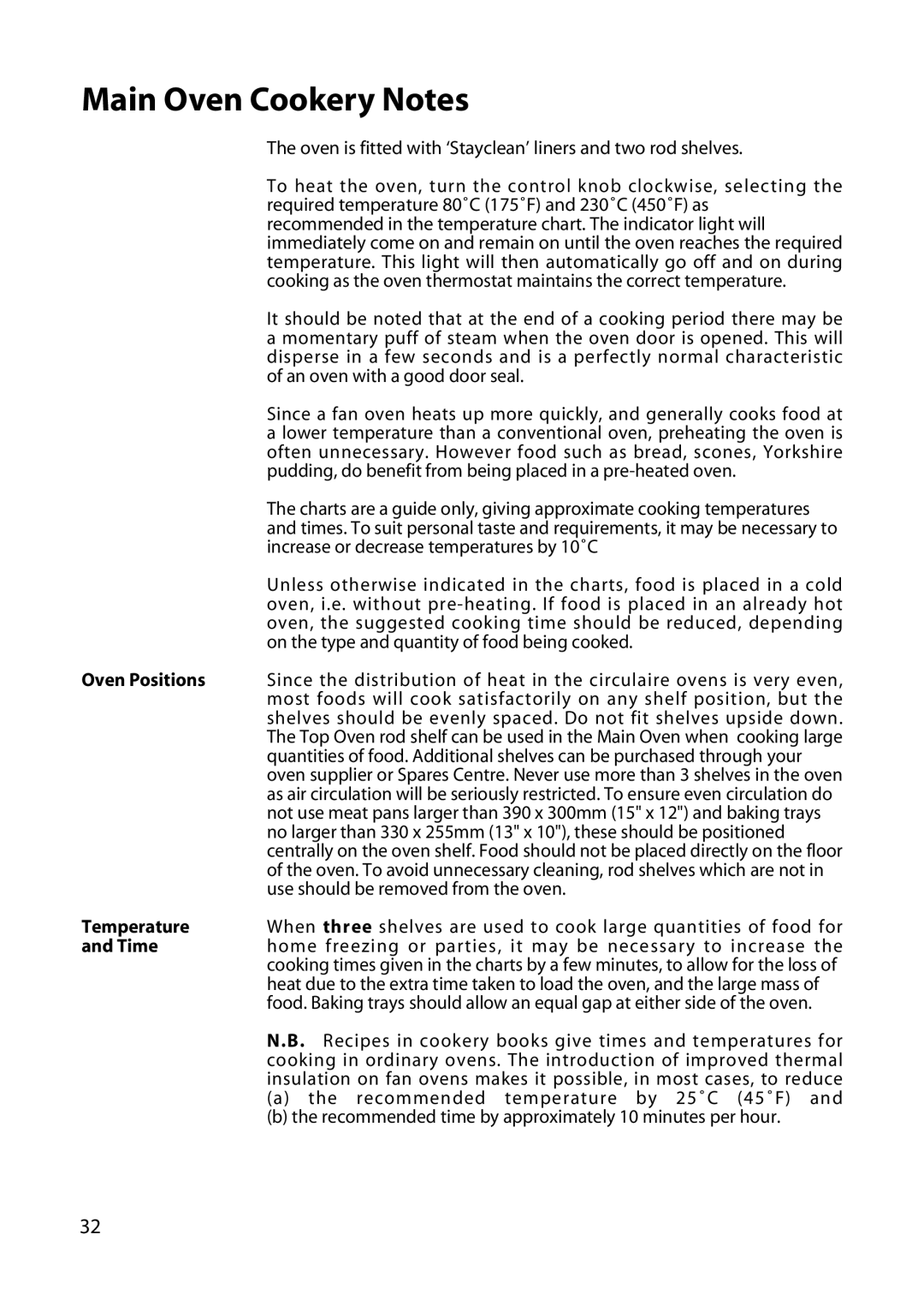 Hotpoint EW32, EW52, EW42, EW34, EW45 manual Main Oven Cookery Notes, Oven Positions, Temperature, Time 