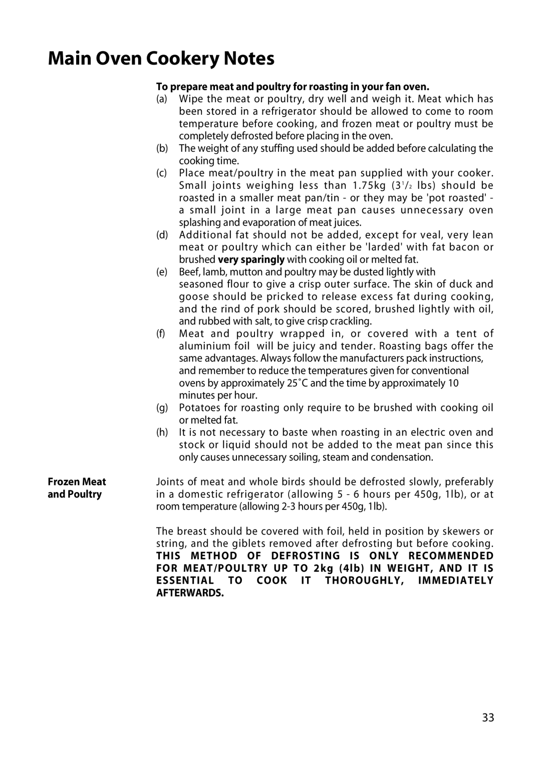 Hotpoint EW34 This Method of Defrosting is only Recommended, Essential to Cook IT THOROUGHLY, Immediately, Afterwards 