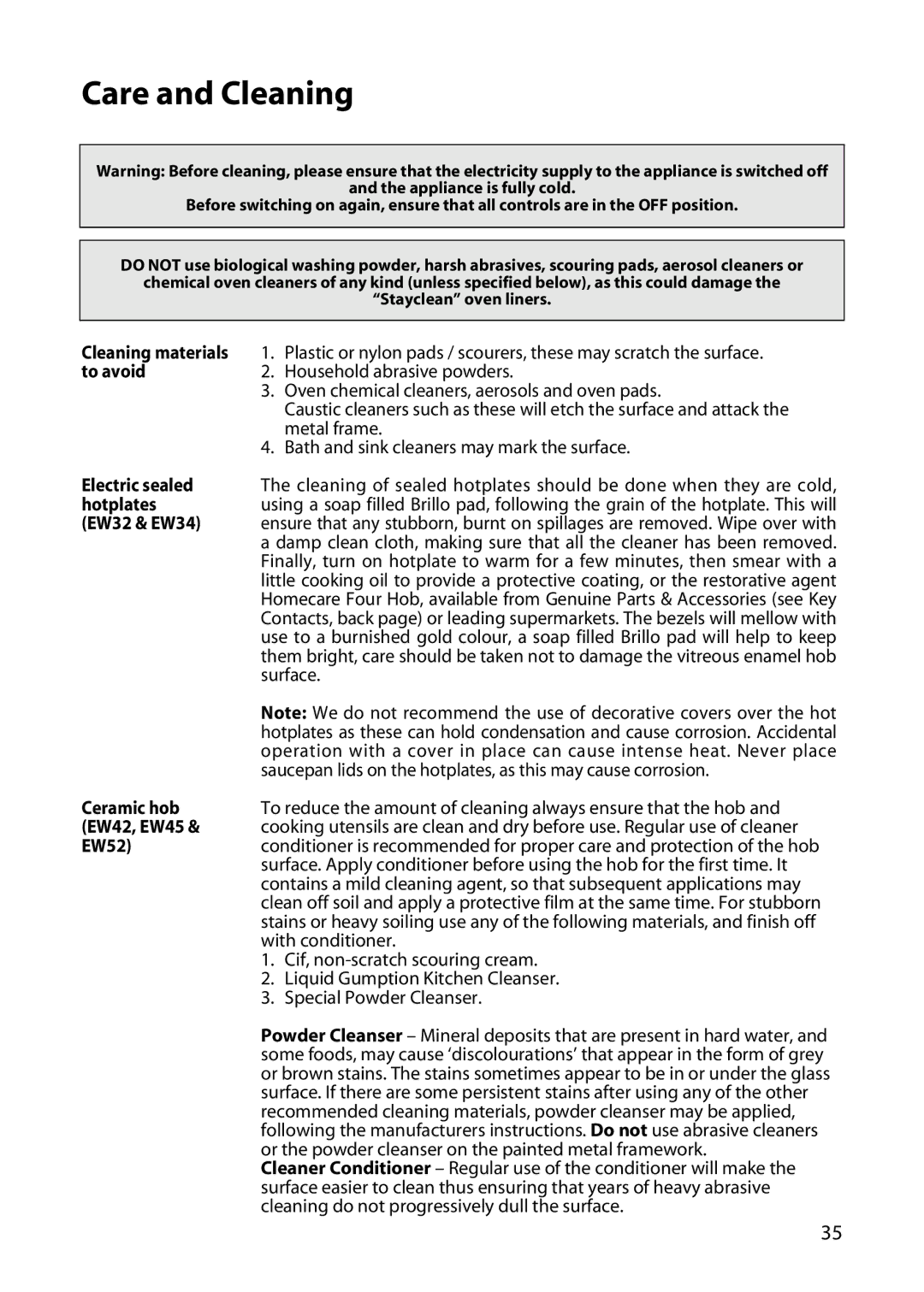 Hotpoint EW52, EW42, EW32, EW34, EW45 manual Care and Cleaning 