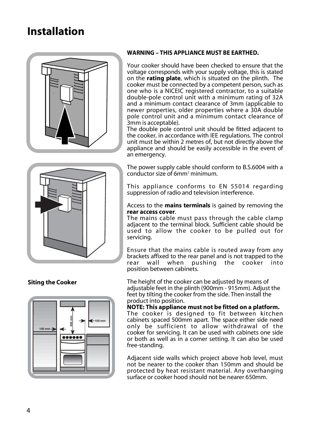 Hotpoint EW45, EW52, EW42, EW32, EW34 manual Installation, Siting the Cooker 