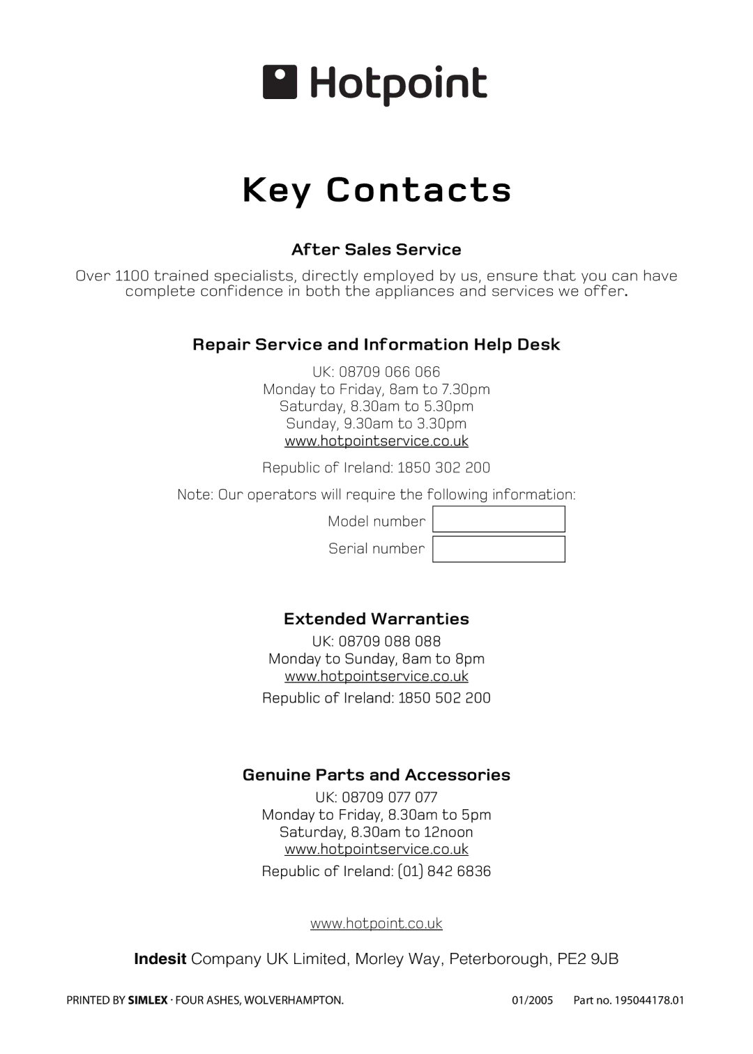 Hotpoint EW45, EW52, EW42, EW32, EW34 manual Key Contacts 