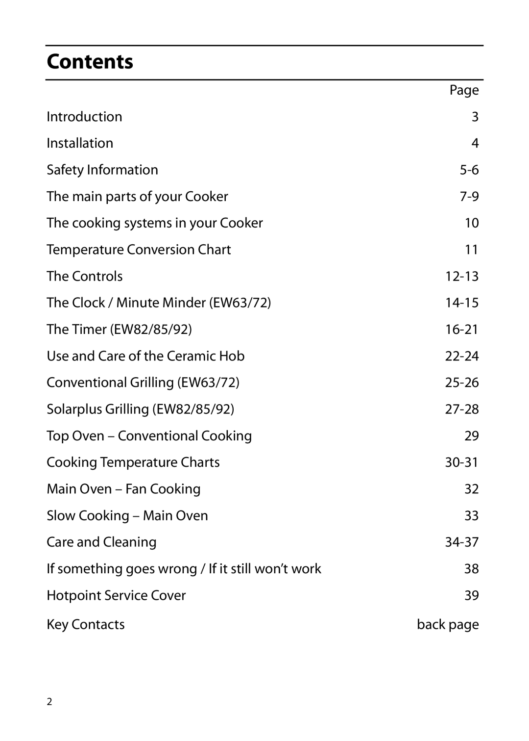 Hotpoint EW92, EW63, EW82, EW85, EW72 manual Contents 