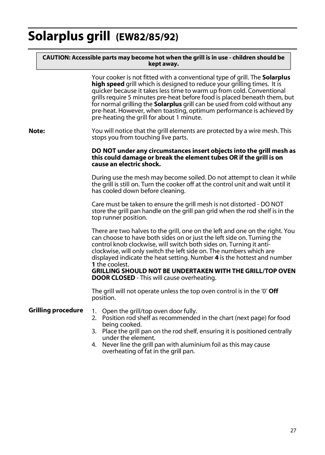 Hotpoint EW92, EW63, EW85, EW72 manual Solarplus grill EW82/85/92, Grilling procedure 