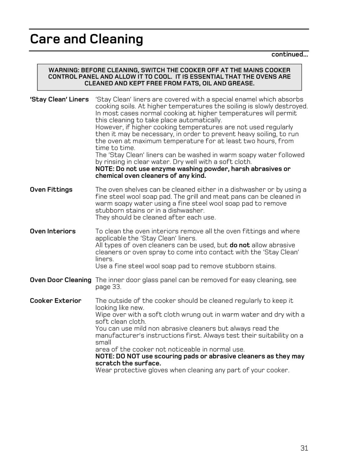 Hotpoint EW84 manual ‘Stay Clean’ Liners, Chemical oven cleaners of any kind, Oven Fittings, Oven Interiors 