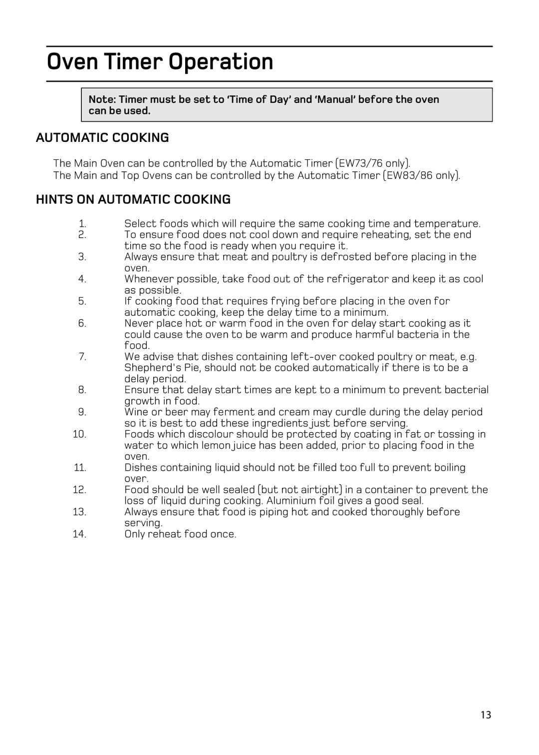 Hotpoint EW83, EW86, EW73, EW76 manual Oven Timer Operation 