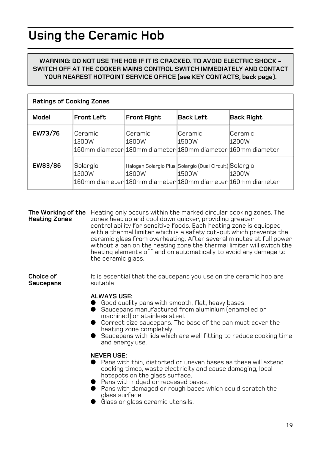 Hotpoint EW76, EW86, EW73 manual Using the Ceramic Hob, EW83/86, Choice, Saucepans Suitable 