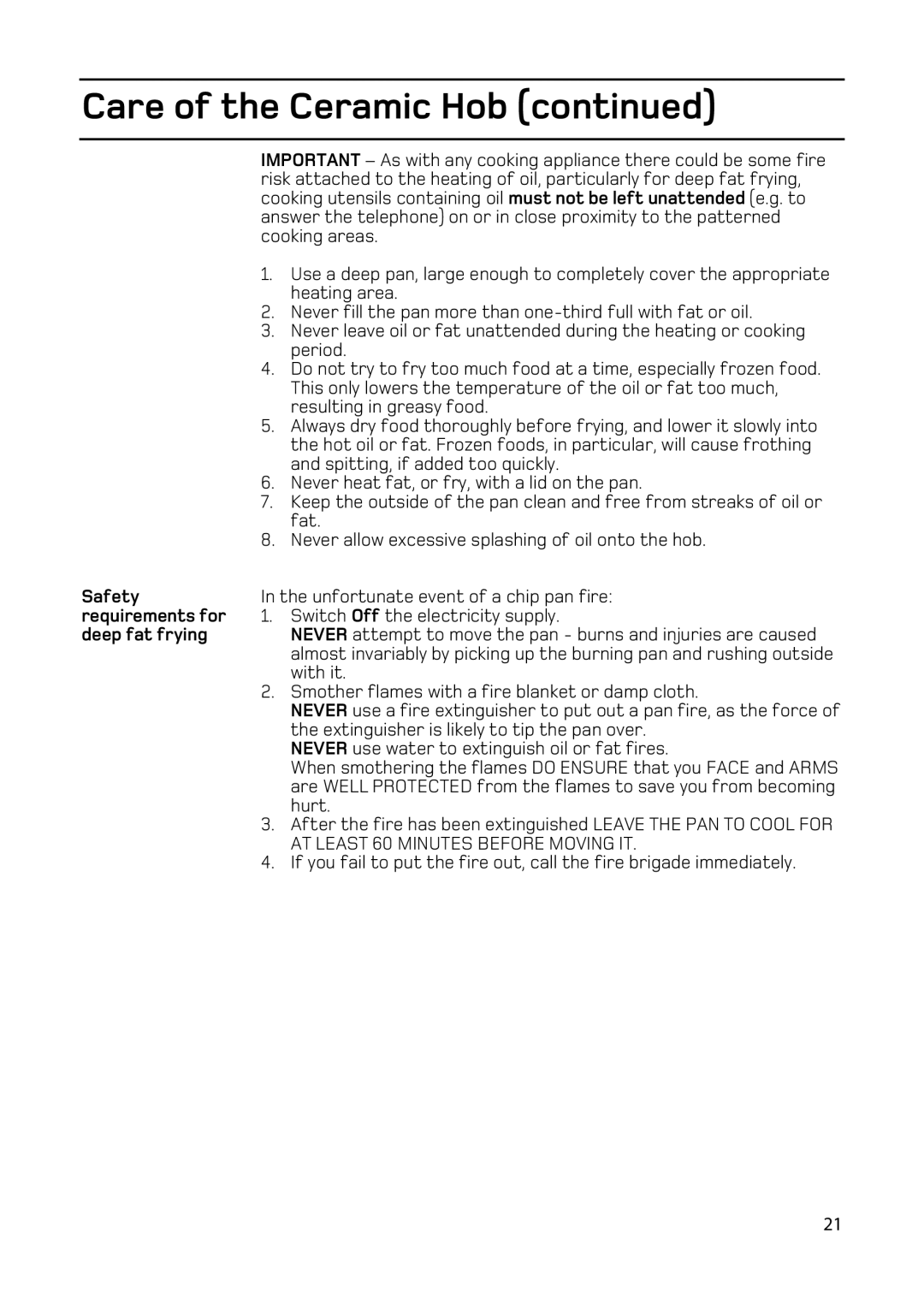 Hotpoint EW83, EW86, EW73, EW76 manual Safety, Requirements for, Deep fat frying 