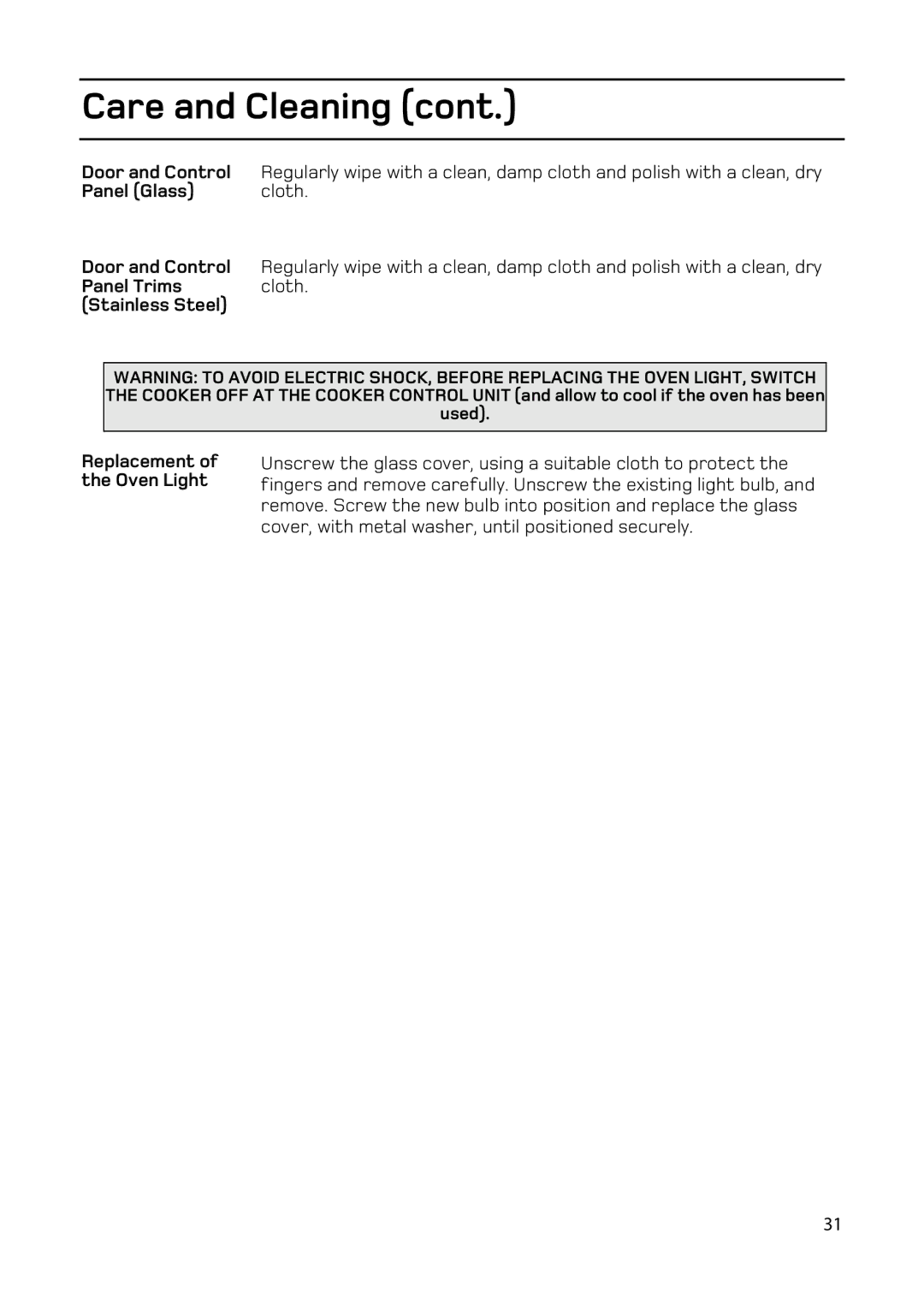 Hotpoint EW76, EW86, EW83, EW73 manual Care and Cleaning, Panel Glass Cloth Door and Control 