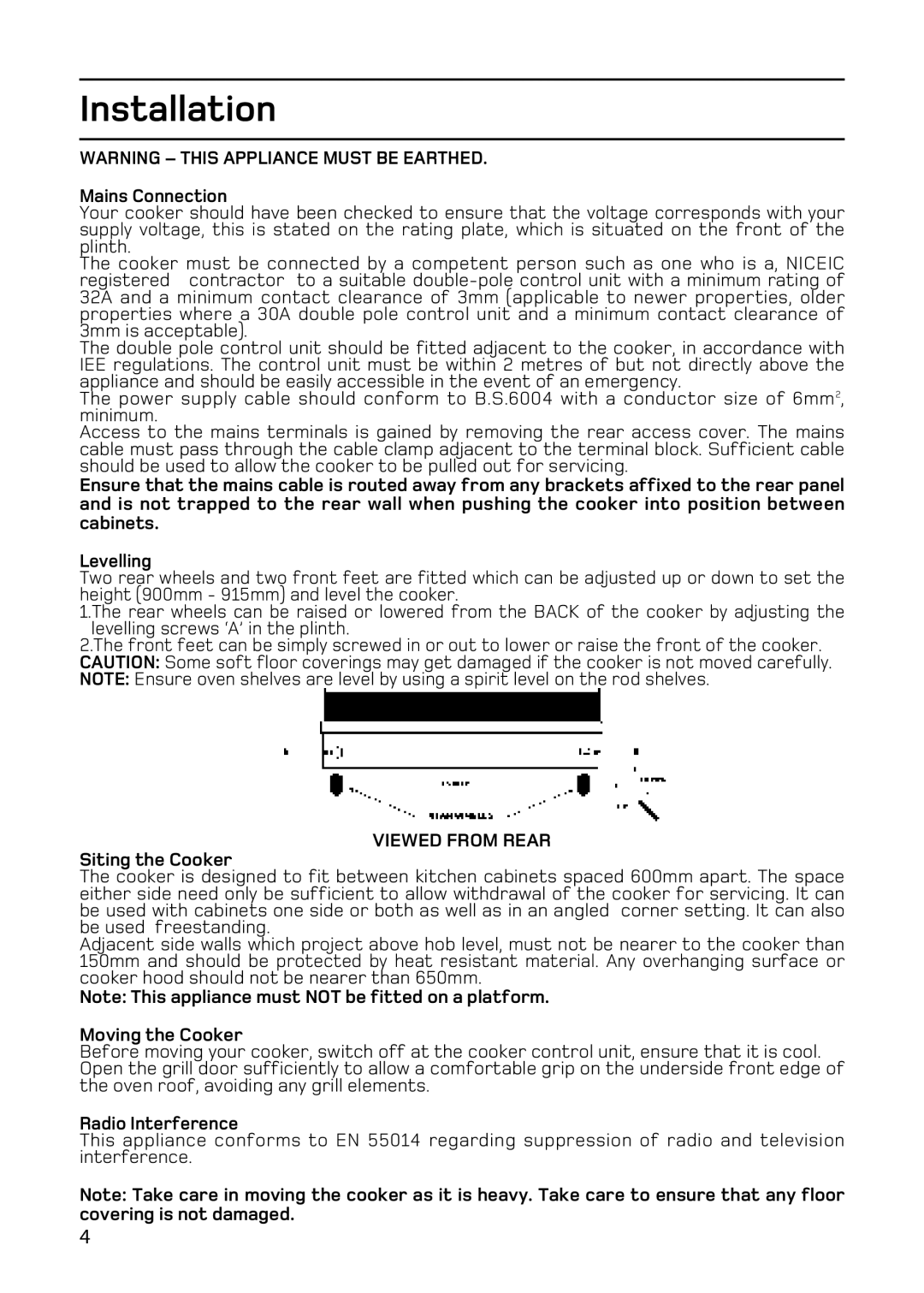 Hotpoint EW86, EW83, EW73, EW76 Installation, Mains Connection, Siting the Cooker, Moving the Cooker, Radio Interference 