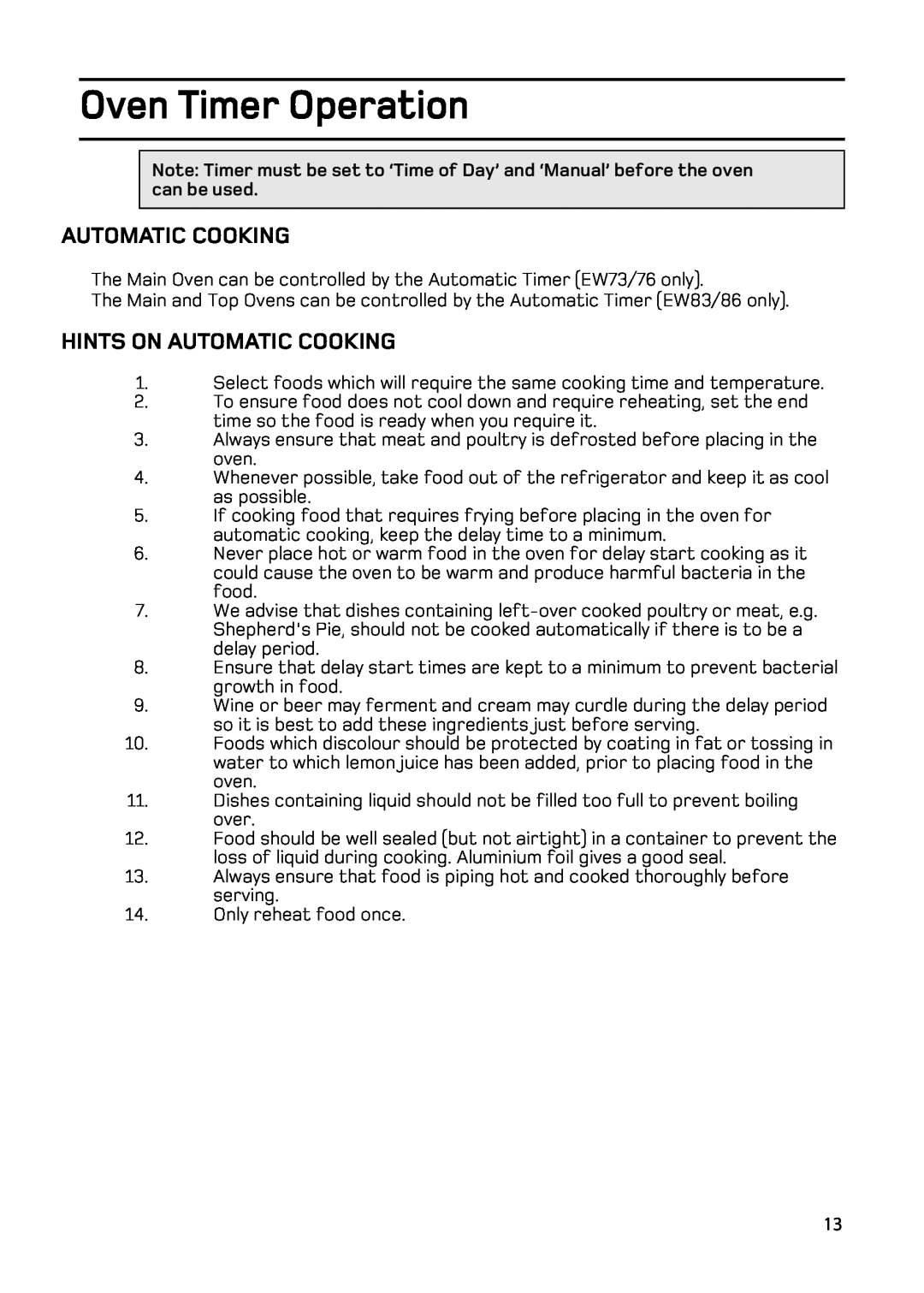Hotpoint EW83, EW86, EW73, EW76 manual Oven Timer Operation, Hints On Automatic Cooking 
