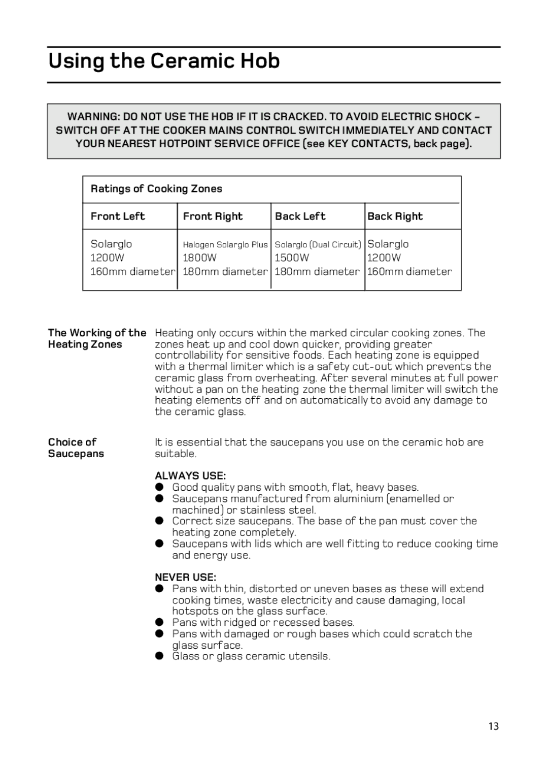 Hotpoint EW93 manual Using the Ceramic Hob, Choice, Saucepans Suitable, Always USE, Never USE 