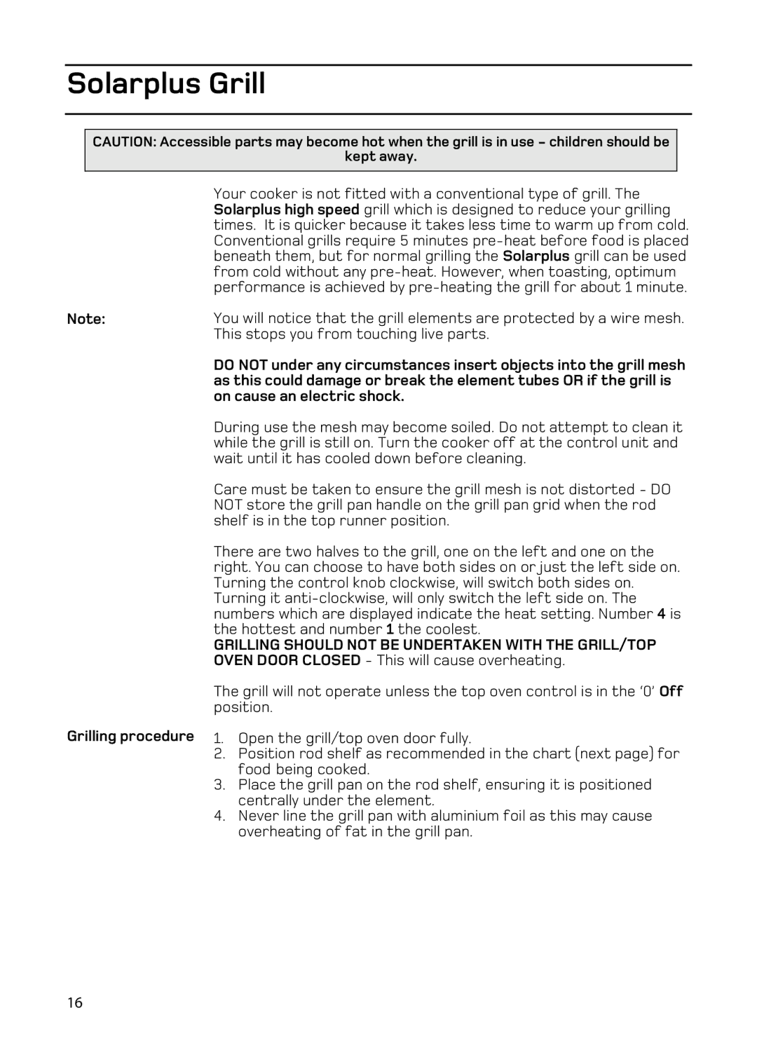 Hotpoint EW93 manual Solarplus Grill, Grilling procedure 