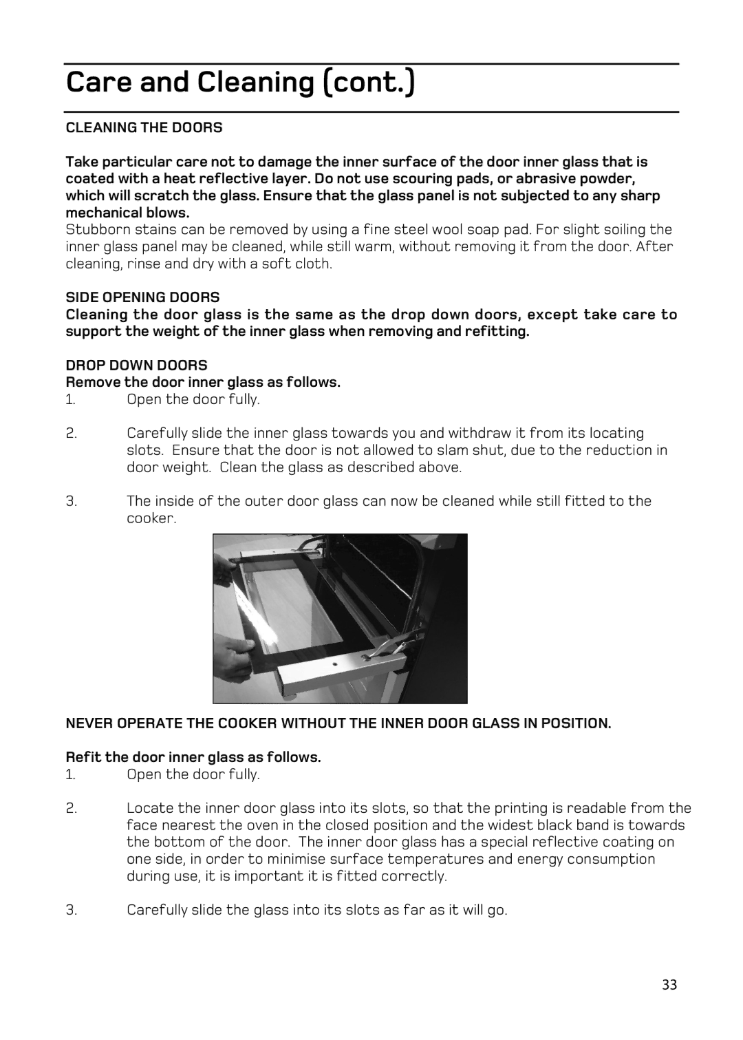 Hotpoint EW93 manual Care and Cleaning, Cleaning the Doors, Side Opening Doors, Drop Down Doors 