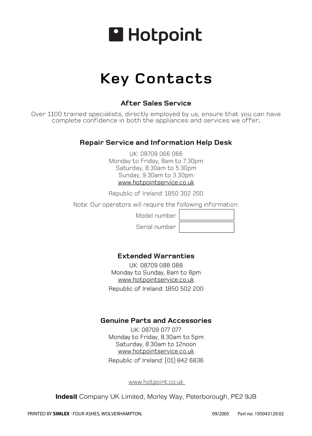 Hotpoint EW93 manual Key Contacts 