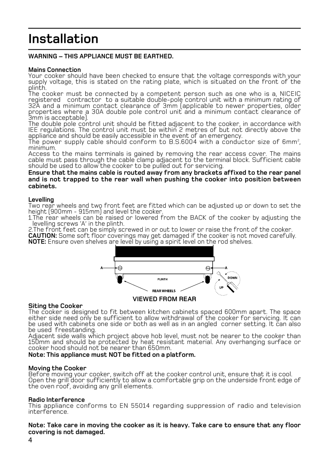 Hotpoint EW93 manual Installation, Viewed from Rear 