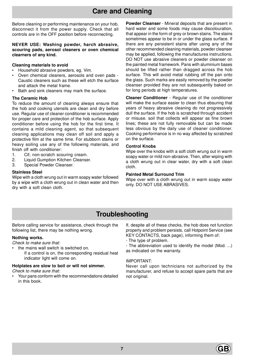 Hotpoint EX901X manual Care and Cleaning, Troubleshooting 