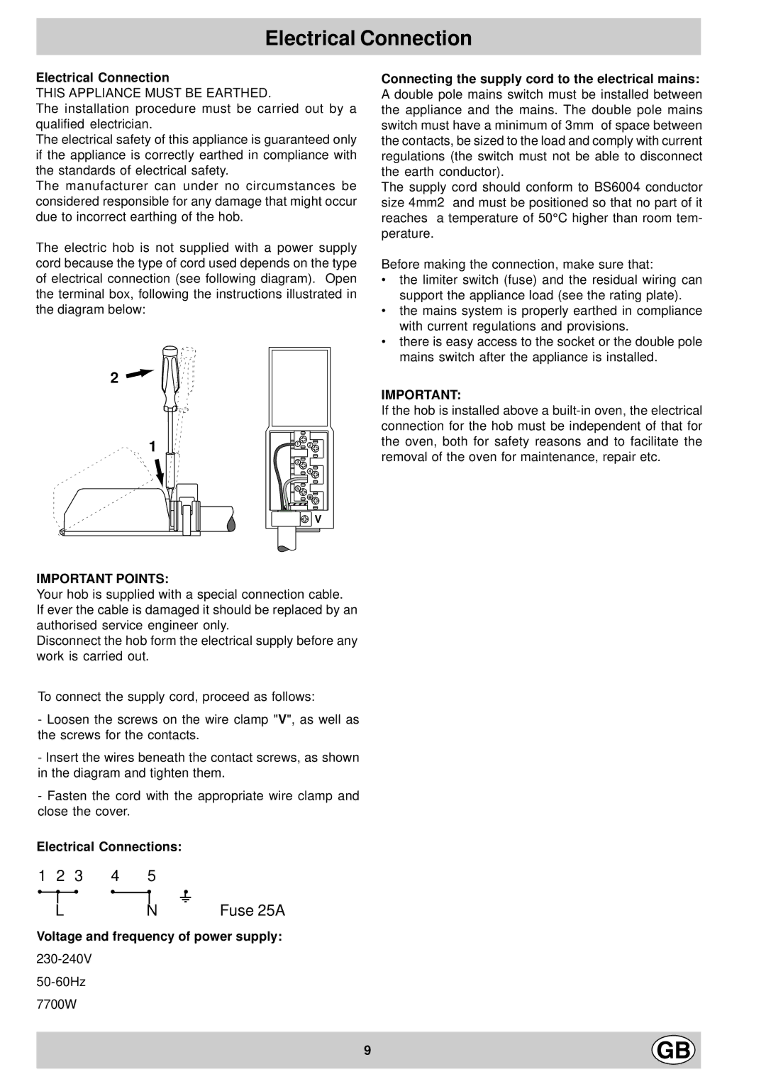 Hotpoint EX901X manual Important Points, Electrical Connections, Voltage and frequency of power supply 