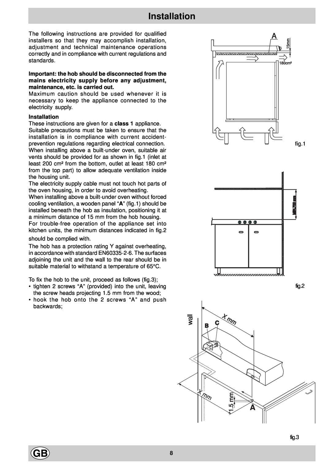 Hotpoint EX901X manual Installation, X mm, wall, 1.5 mm 