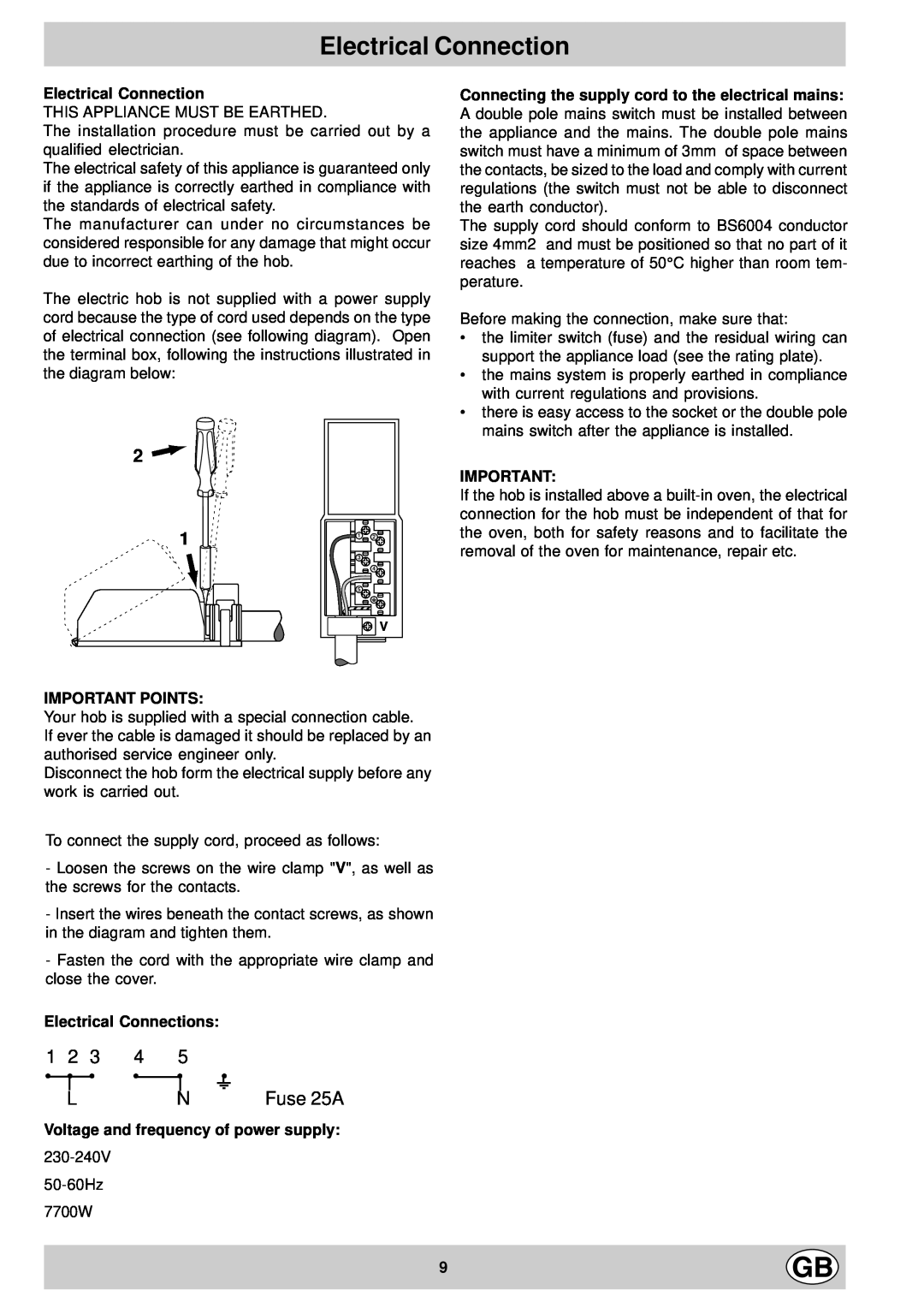 Hotpoint EX901X manual Fuse 25A, Important Points, Electrical Connections, Voltage and frequency of power supply 